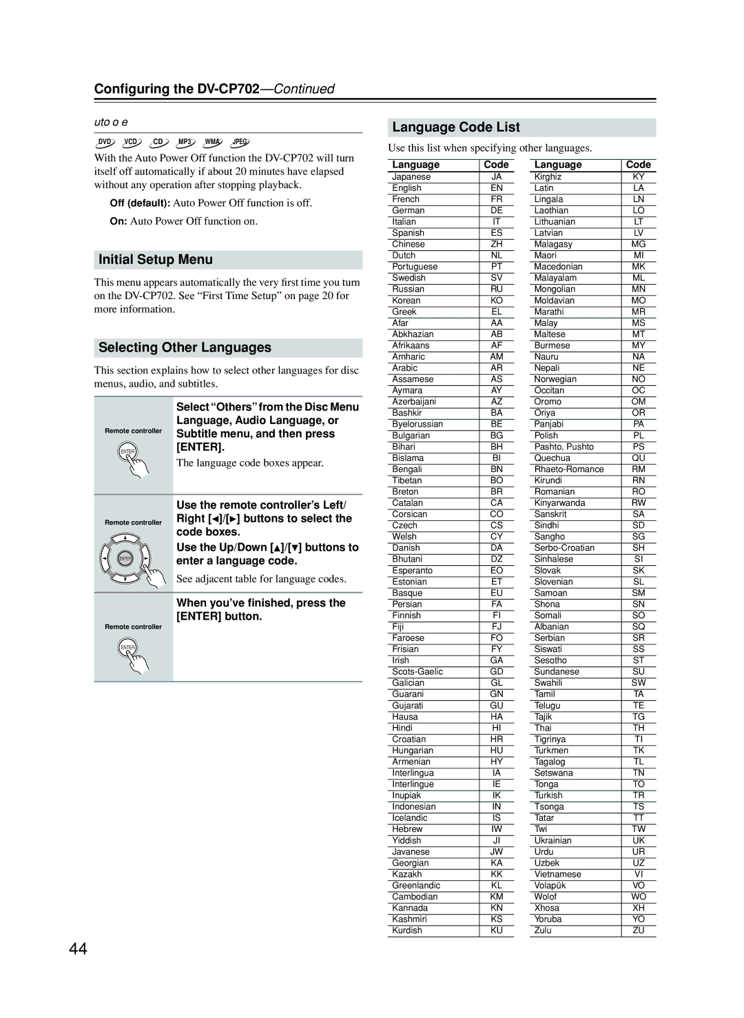 Onkyo CP702 instruction manual Language Code List, Initial Setup Menu, Selecting Other Languages, Auto Power Off 