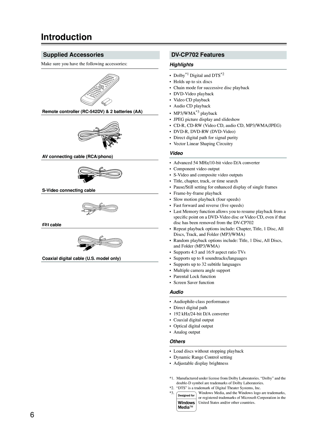 Onkyo instruction manual Introduction, Supplied Accessories, DV-CP702 Features 