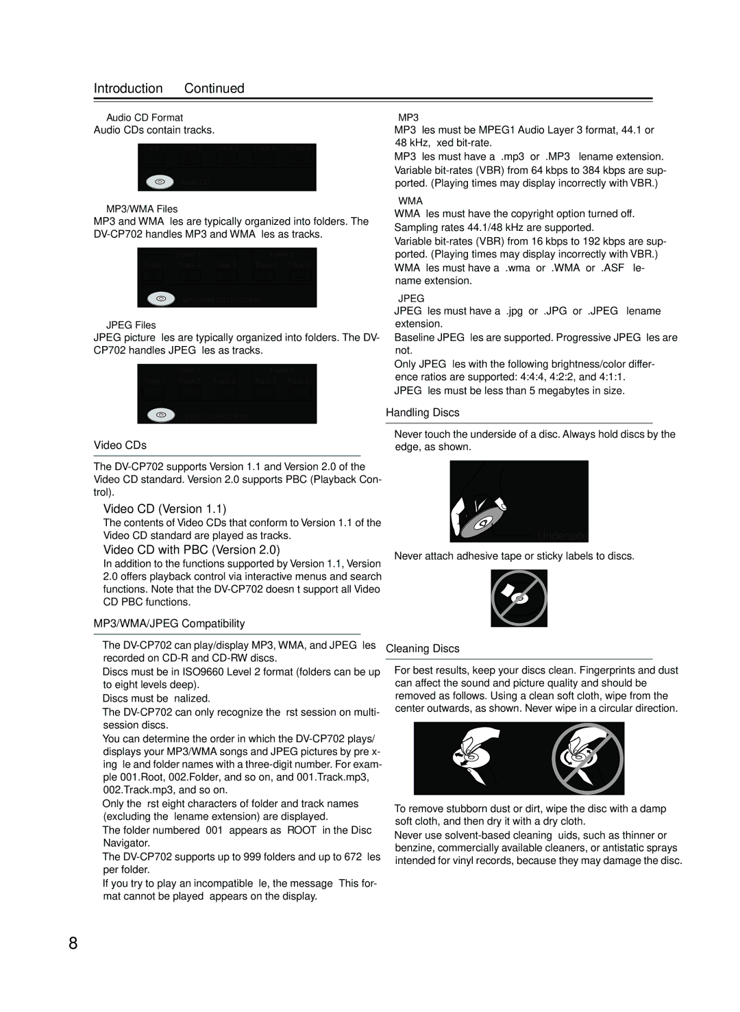 Onkyo CP702 instruction manual Introduction, Video CDs, MP3/WMA/JPEG Compatibility, Handling Discs, Cleaning Discs 