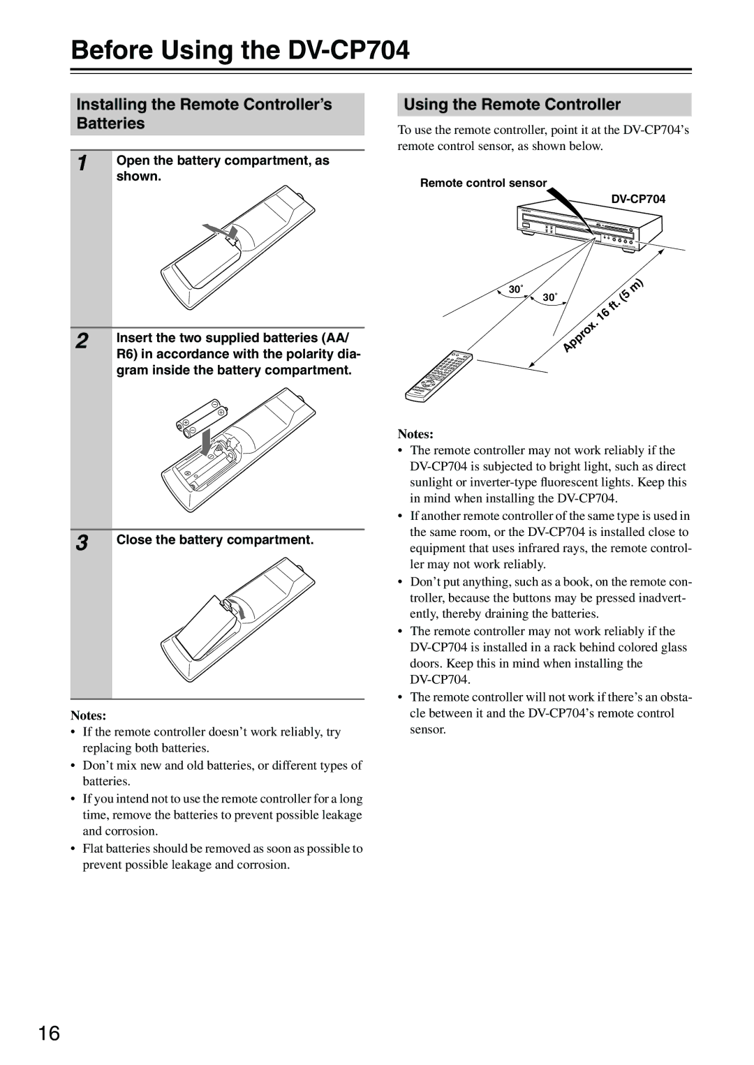 Onkyo Before Using the DV-CP704, Installing the Remote Controller’s Batteries, Using the Remote Controller 