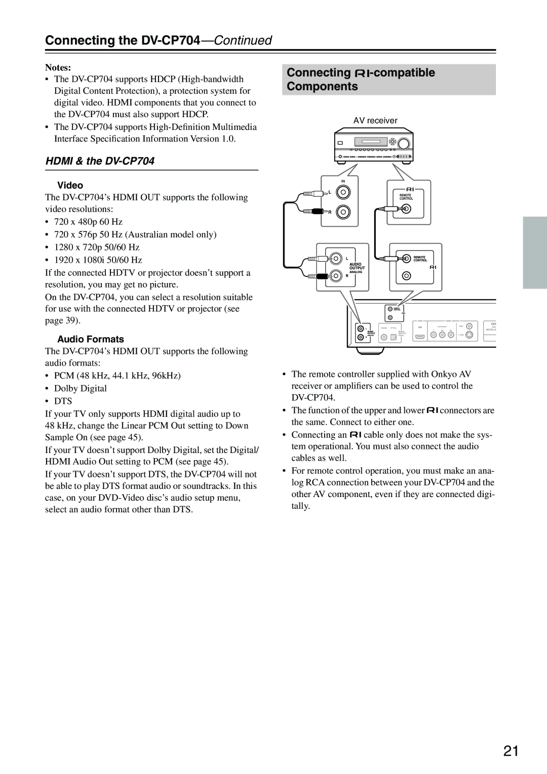 Onkyo instruction manual Connecting -compatible Components, Hdmi & the DV-CP704, Video, Audio Formats 