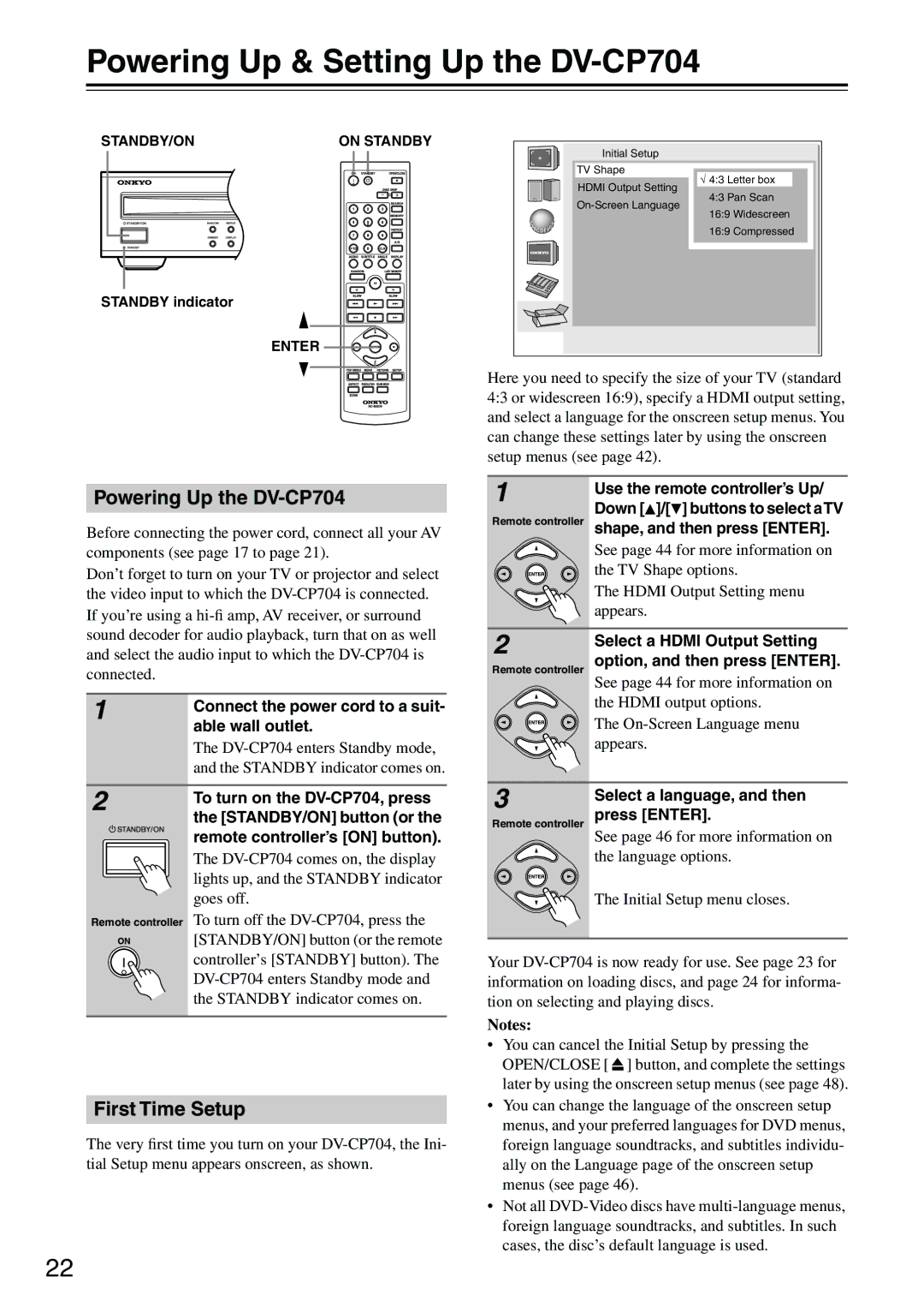 Onkyo instruction manual Powering Up & Setting Up the DV-CP704, Powering Up the DV-CP704, First Time Setup 