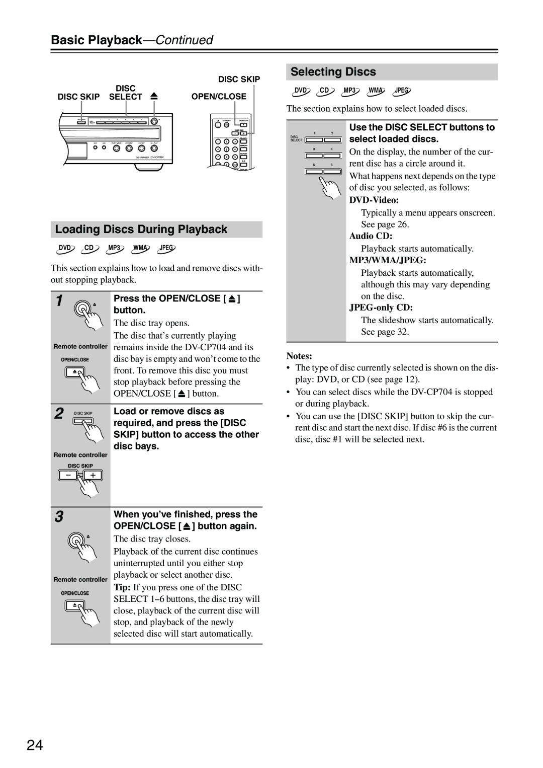 Onkyo CP704 instruction manual Basic Playback, Loading Discs During Playback, Selecting Discs 