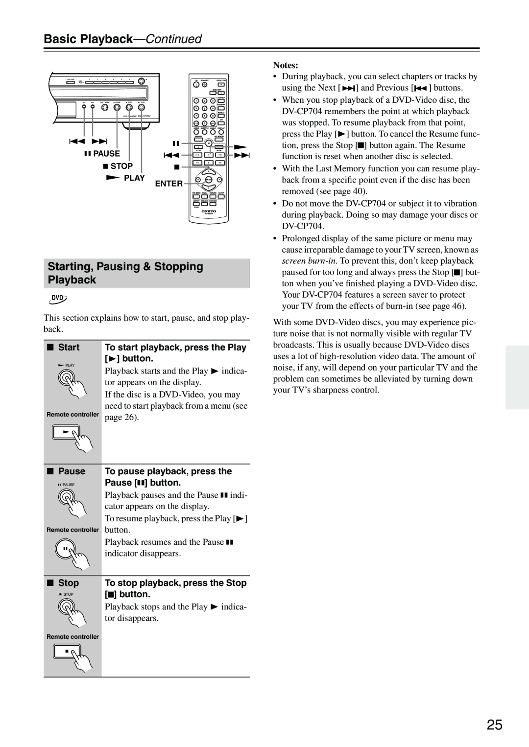 Onkyo CP704 instruction manual Starting, Pausing & Stopping Playback, Start To start playback, press the Play Button 