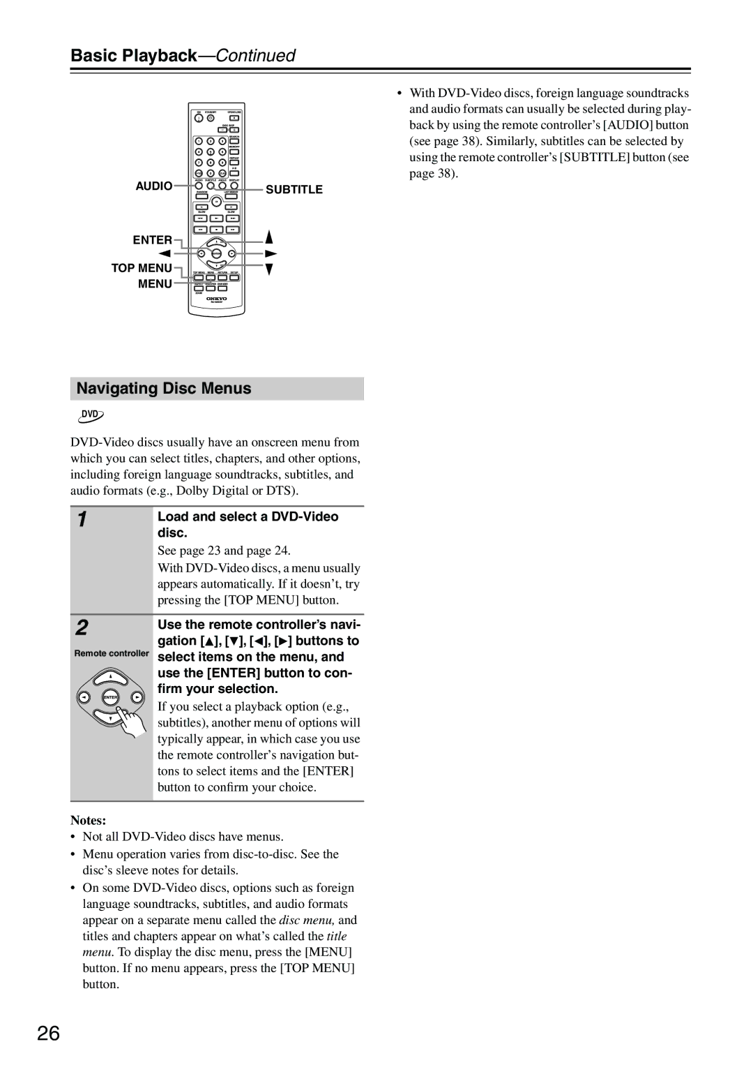 Onkyo CP704 Navigating Disc Menus, Load and select a DVD-Video, See page 23, Pressing the TOP Menu button 