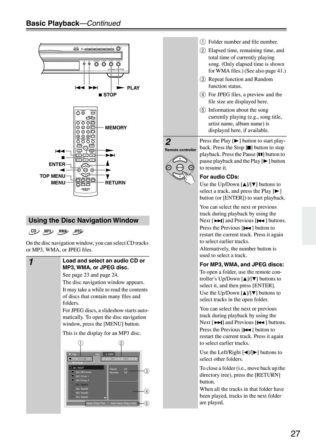 Onkyo CP704 Using the Disc Navigation Window, Load and select an audio CD or, MP3, WMA, or Jpeg disc, For audio CDs 