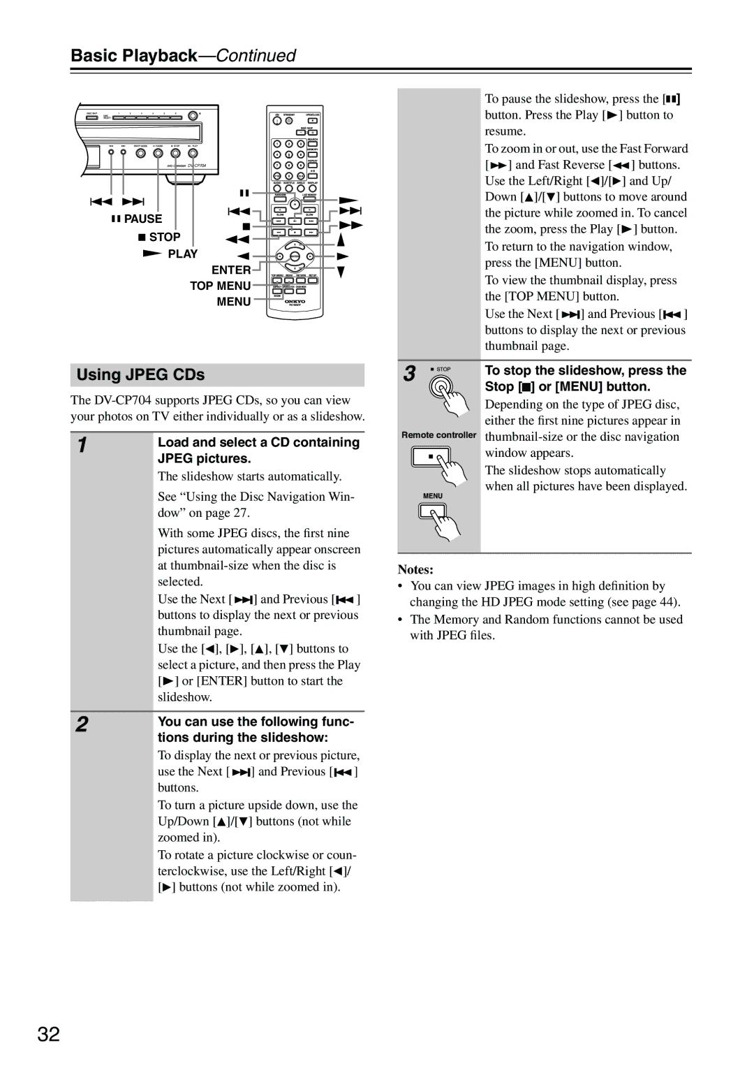 Onkyo CP704 instruction manual Using Jpeg CDs 