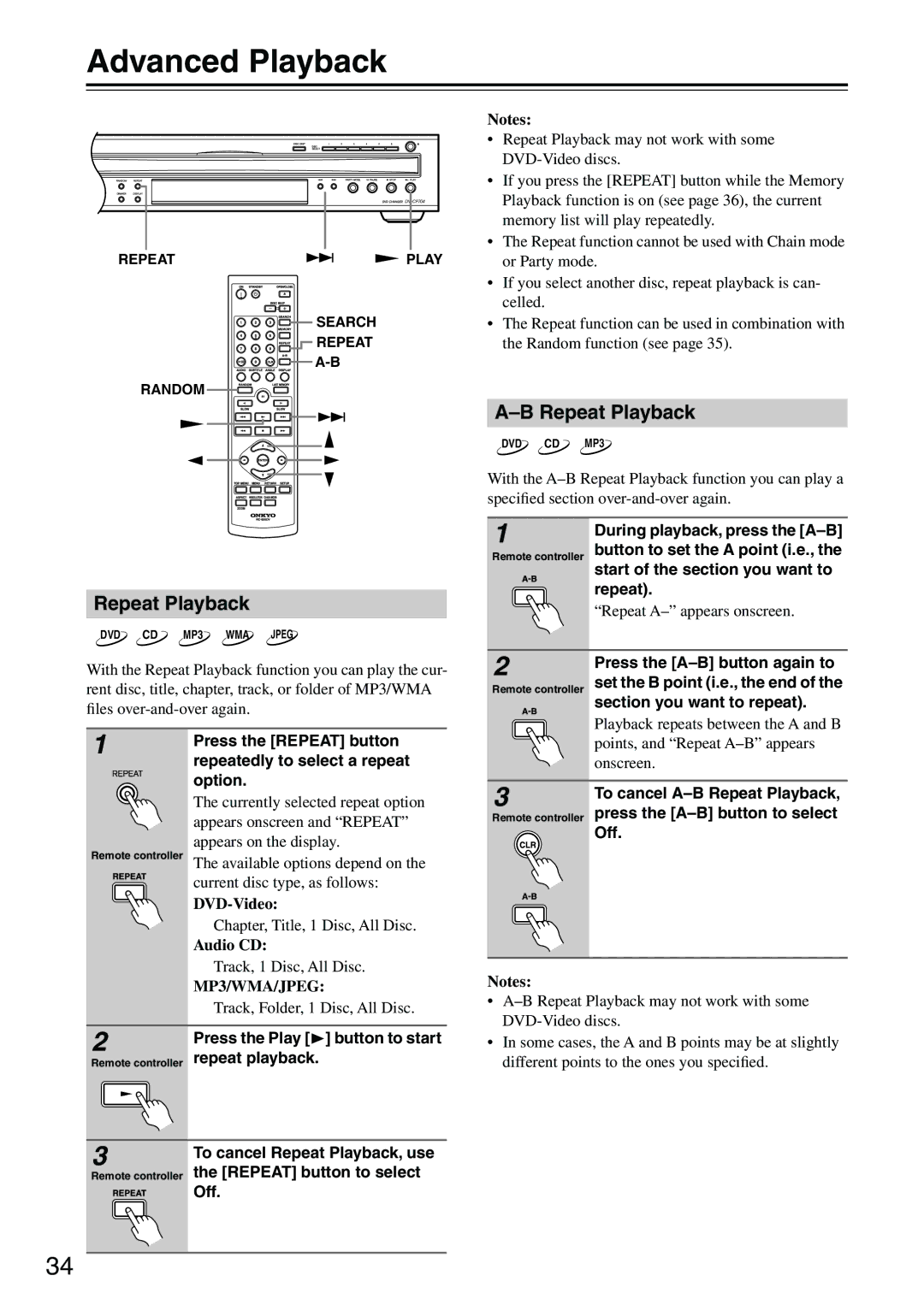 Onkyo CP704 instruction manual Advanced Playback, Repeat Playback 