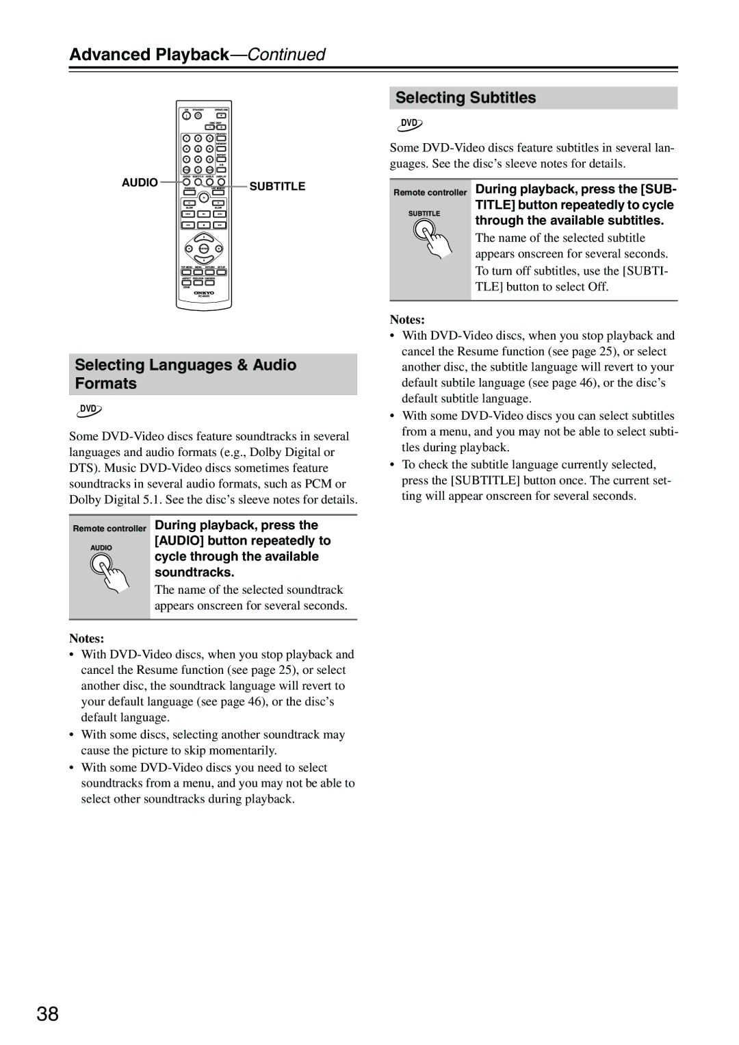 Onkyo CP704 instruction manual Selecting Languages & Audio Formats, Selecting Subtitles 