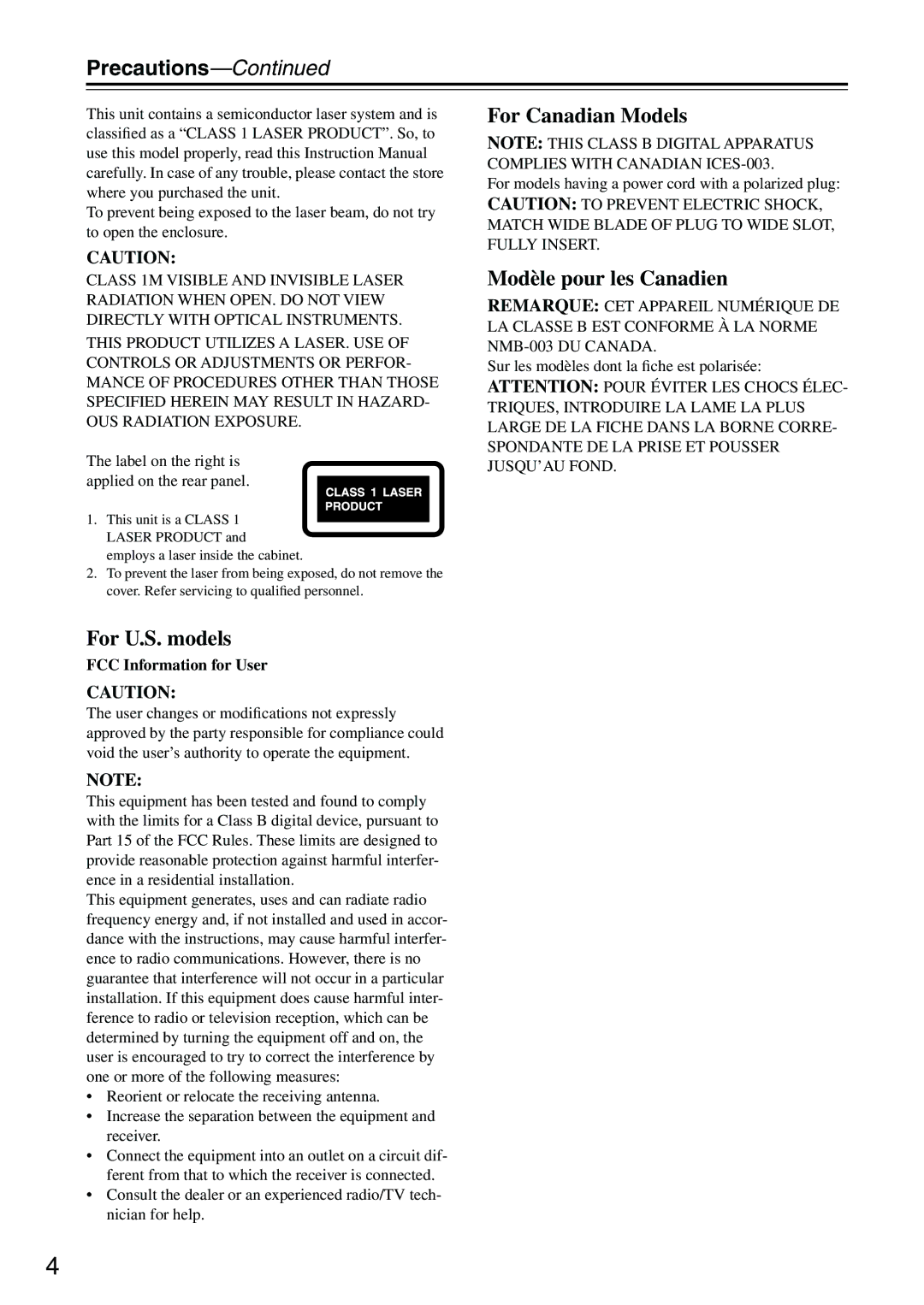 Onkyo CP704 instruction manual Precautions, Label on the right is applied on the rear panel, FCC Information for User 