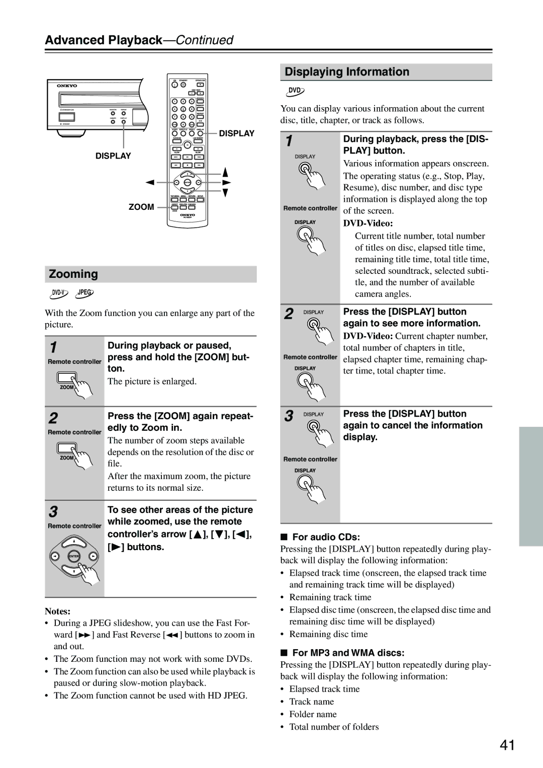 Onkyo CP704 instruction manual Displaying Information, Zooming 