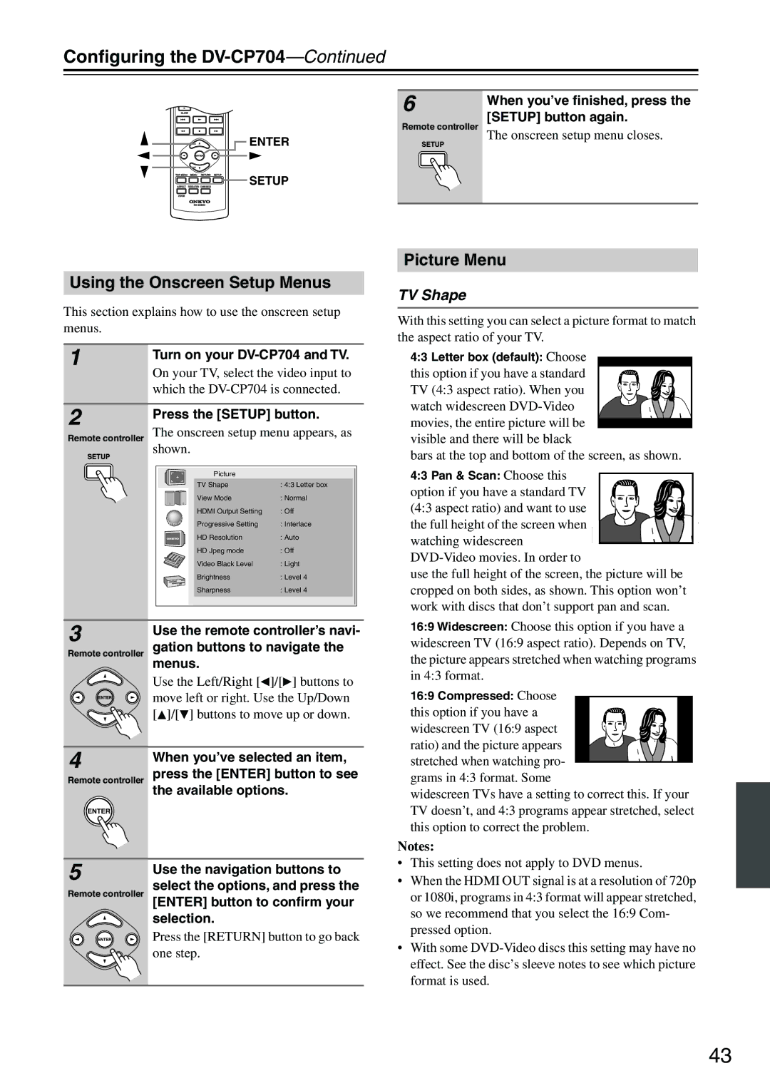 Onkyo instruction manual Conﬁguring the DV-CP704, Using the Onscreen Setup Menus, Picture Menu, TV Shape 