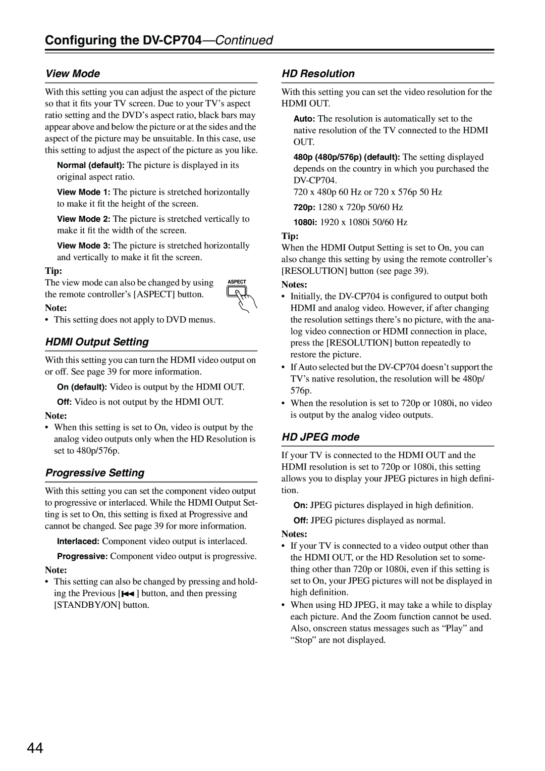 Onkyo CP704 instruction manual View Mode, Hdmi Output Setting, Progressive Setting, HD Resolution, HD Jpeg mode 