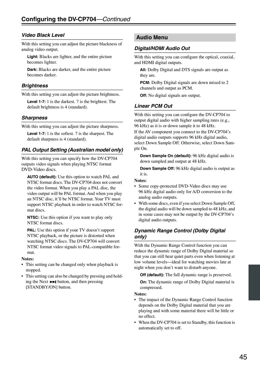 Onkyo CP704 instruction manual Audio Menu 