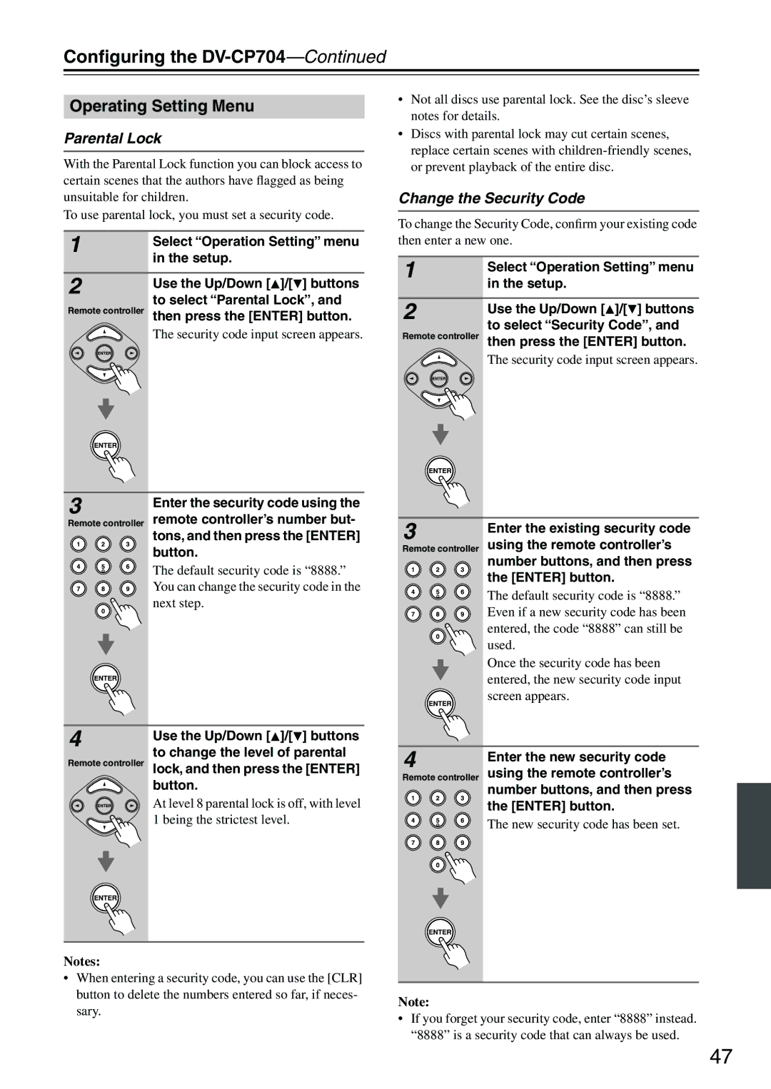 Onkyo CP704 instruction manual Operating Setting Menu, Parental Lock, Change the Security Code 