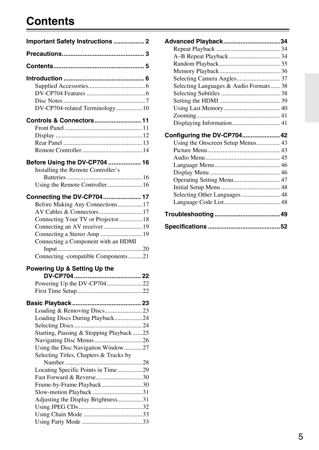 Onkyo CP704 instruction manual Contents 