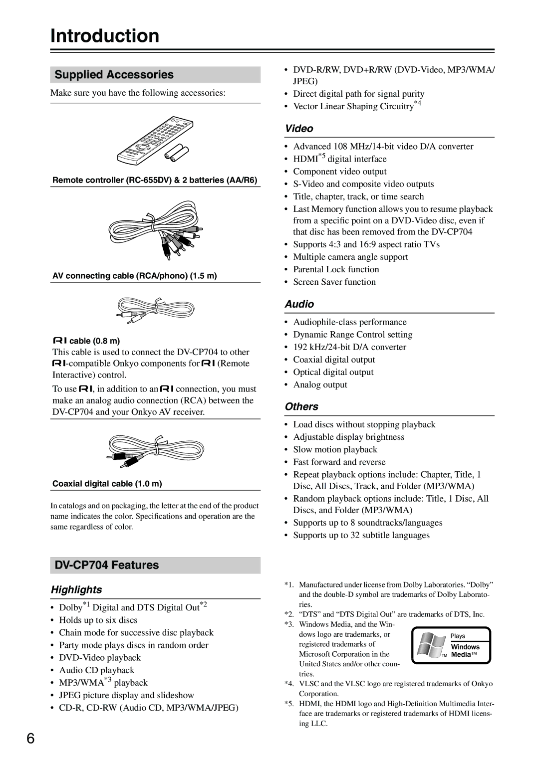 Onkyo instruction manual Introduction, Supplied Accessories, DV-CP704 Features 