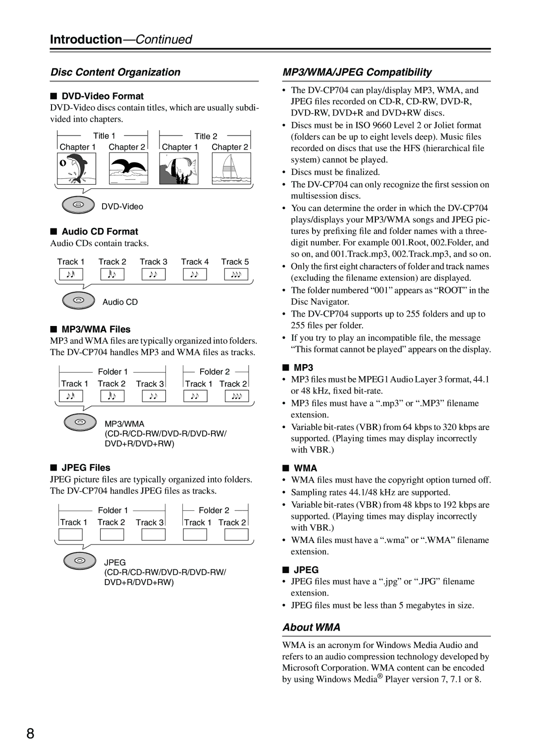 Onkyo CP704 instruction manual Disc Content Organization, MP3/WMA/JPEG Compatibility, About WMA 