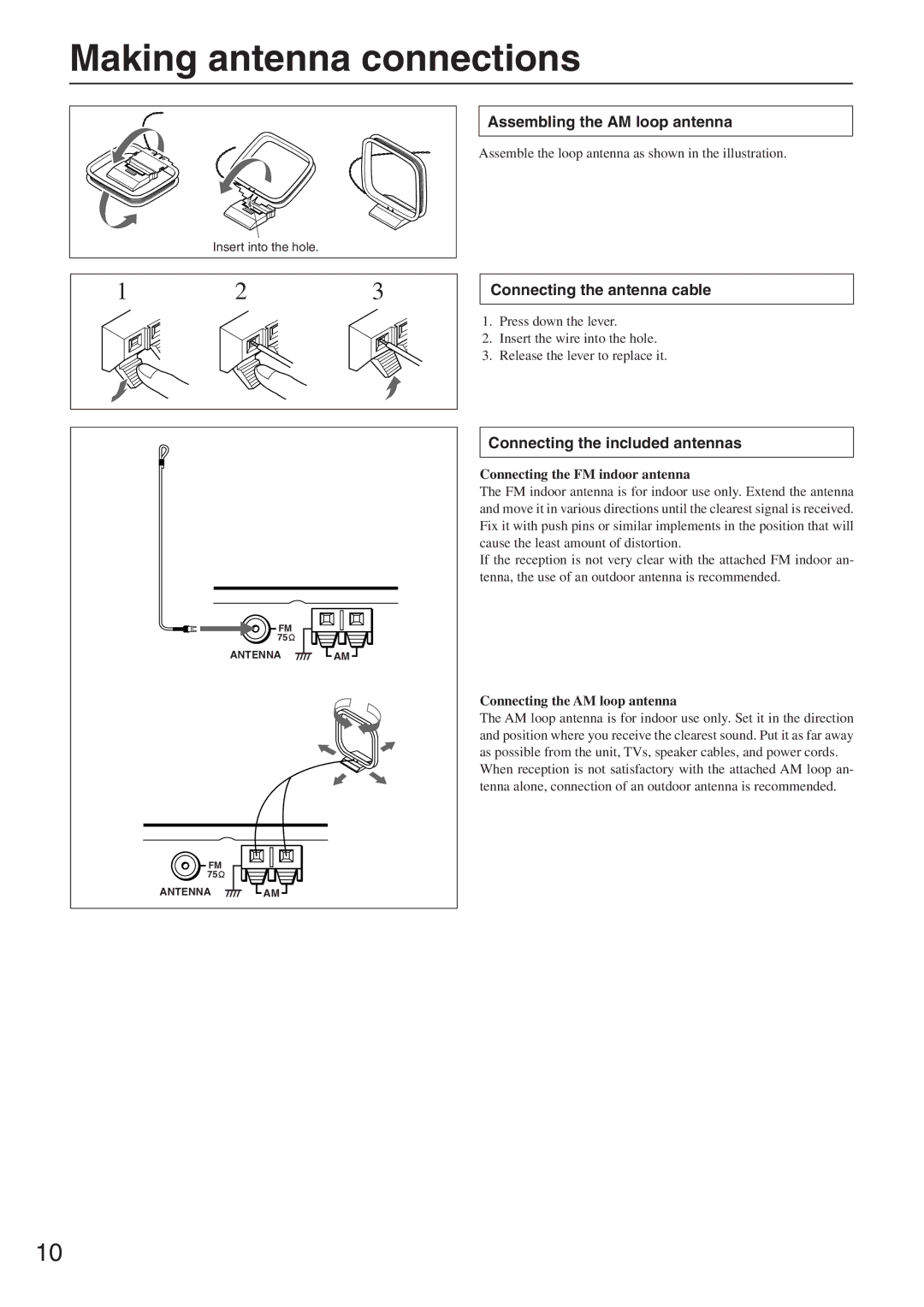 Onkyo CR-305FX instruction manual Making antenna connections, Assembling the AM loop antenna, Connecting the antenna cable 