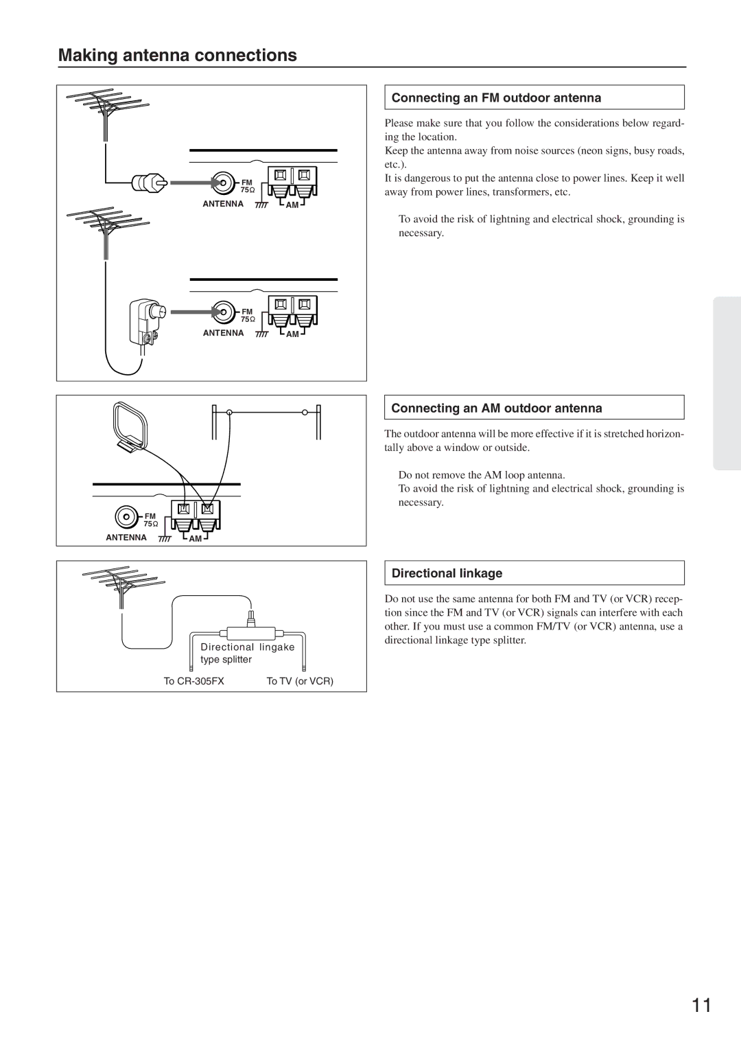 Onkyo CR-305FX Making antenna connections, Connecting an FM outdoor antenna, Connecting an AM outdoor antenna 