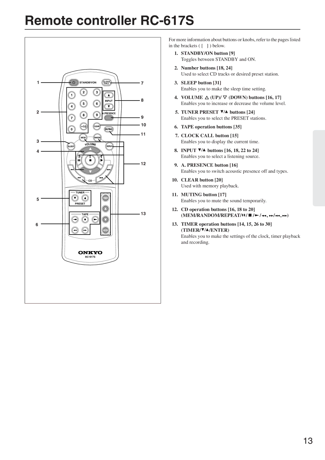 Onkyo CR-305FX instruction manual Remote controller RC-617S 