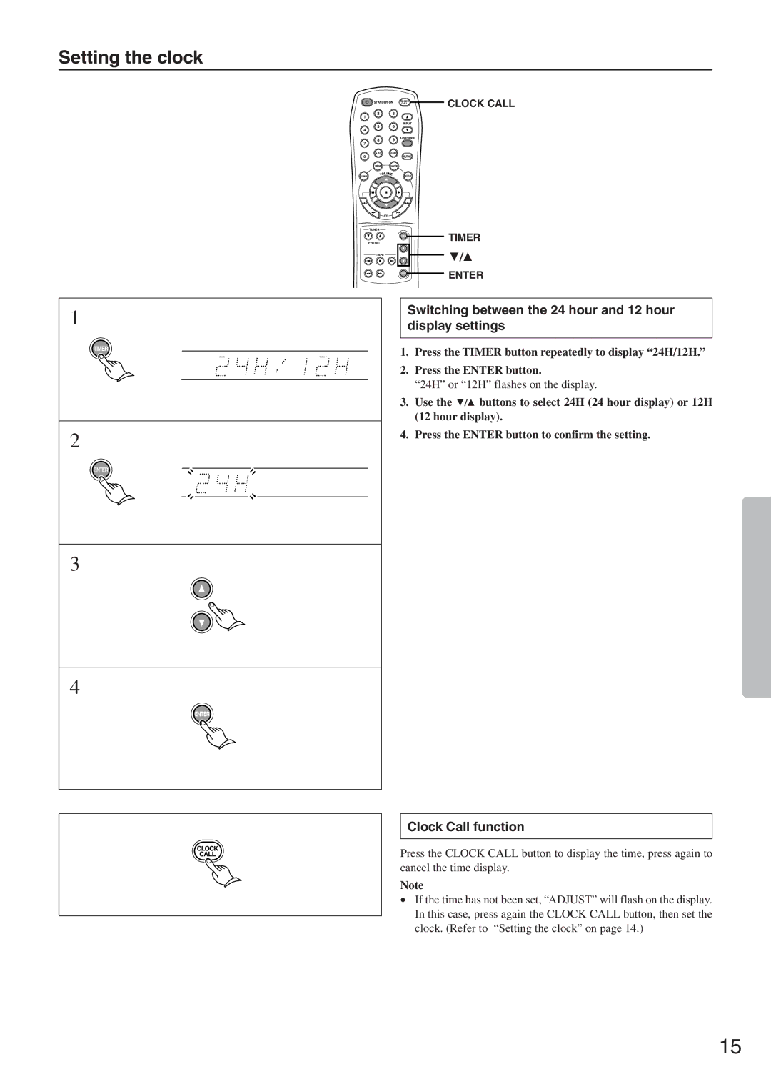 Onkyo CR-305FX Setting the clock, Switching between the 24 hour and 12 hour display settings, Clock Call function 