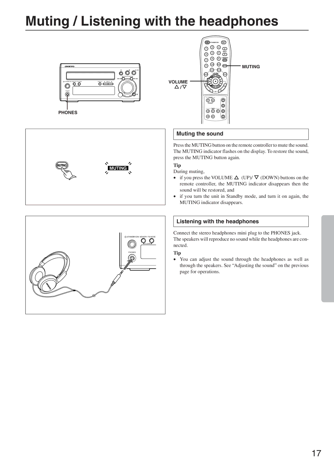 Onkyo CR-305FX instruction manual Muting / Listening with the headphones, Muting the sound, Tip 