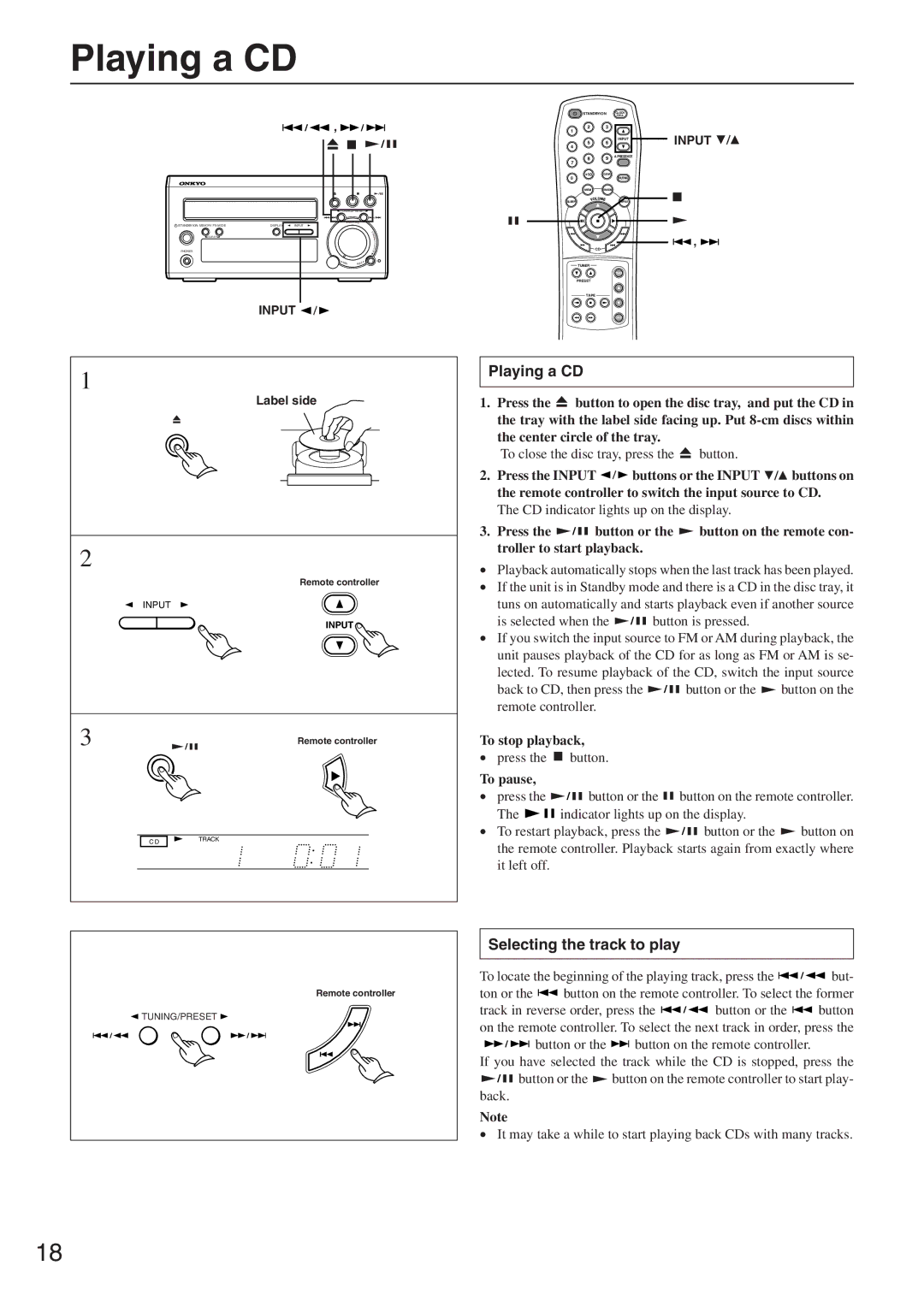 Onkyo CR-305FX instruction manual Playing a CD, Selecting the track to play, To stop playback, To pause 