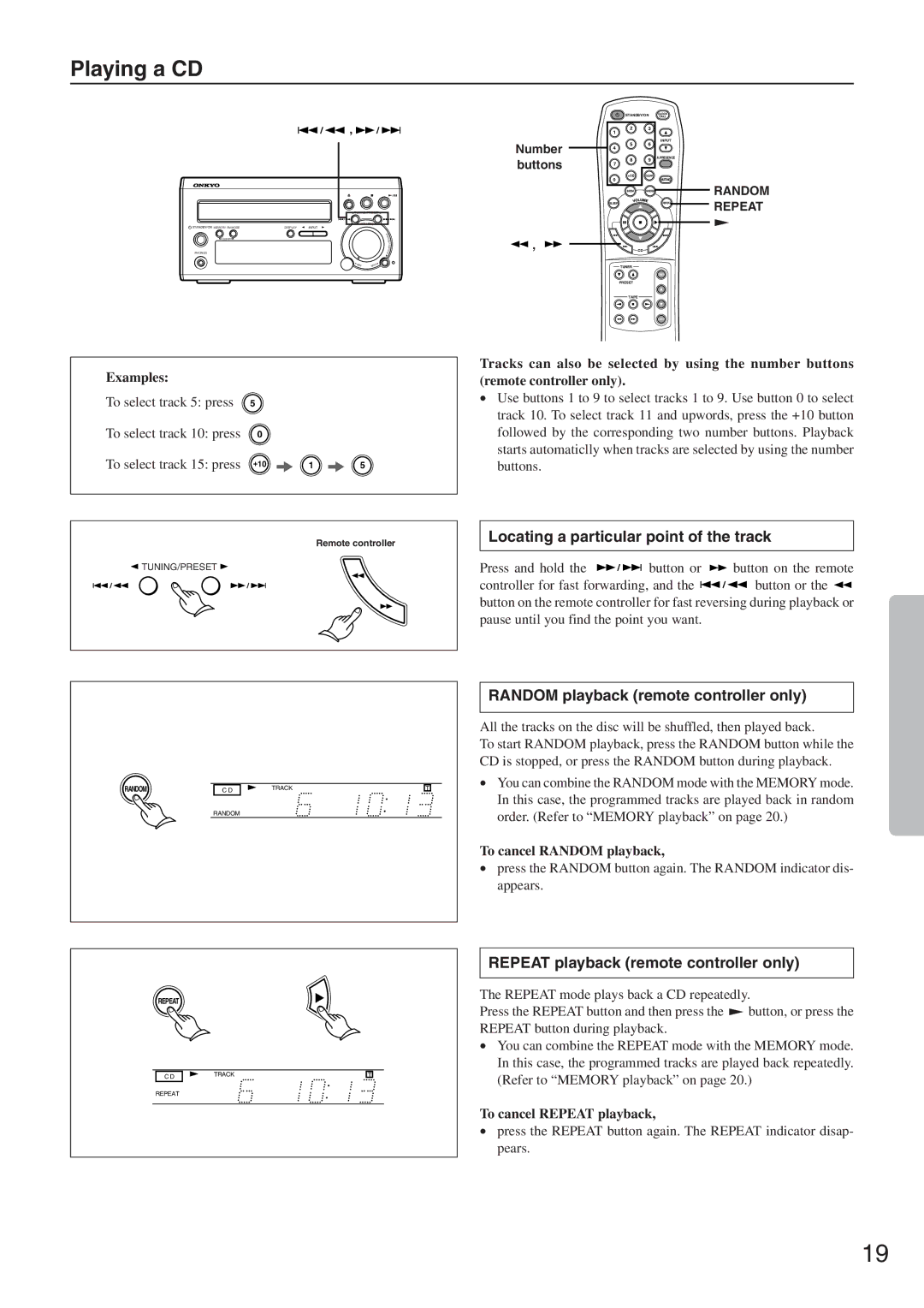 Onkyo CR-305FX Playing a CD, Locating a particular point of the track, Random playback remote controller only 