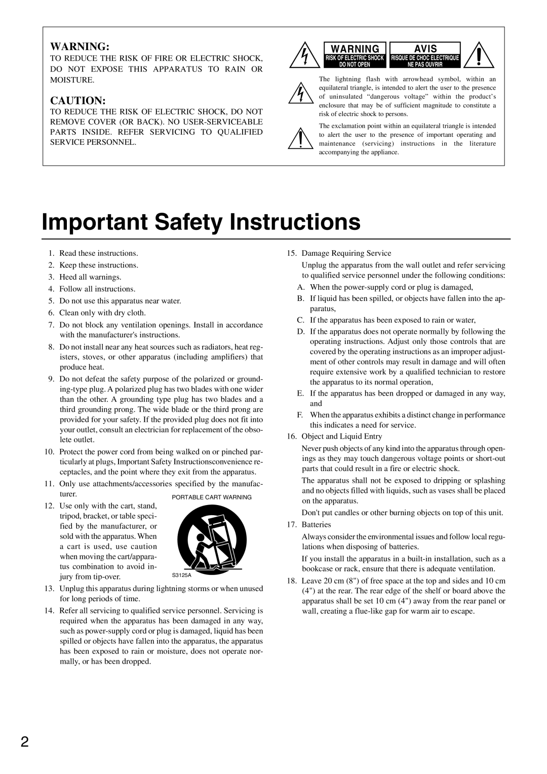 Onkyo CR-305FX instruction manual Important Safety Instructions 