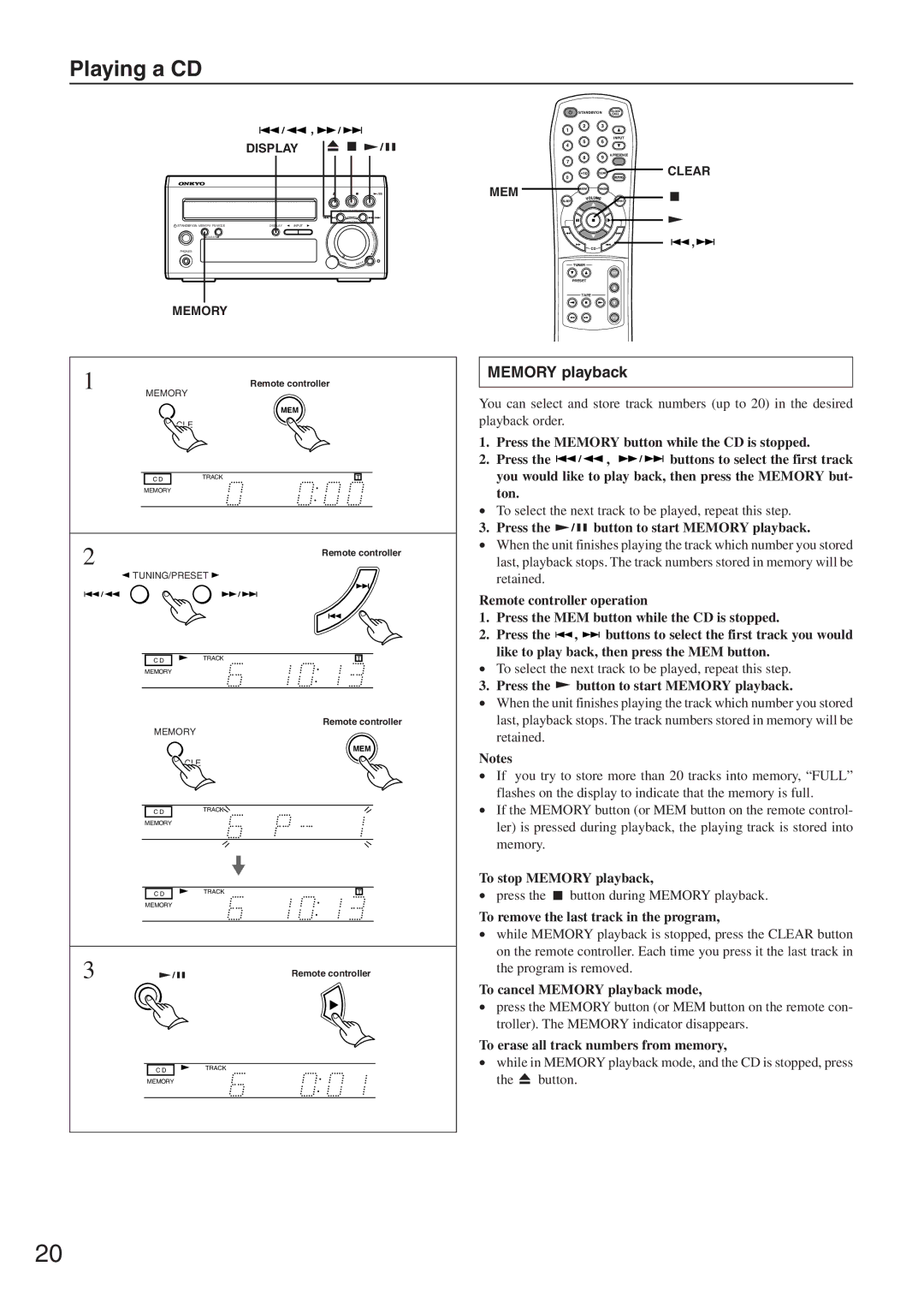 Onkyo CR-305FX instruction manual Memory playback 