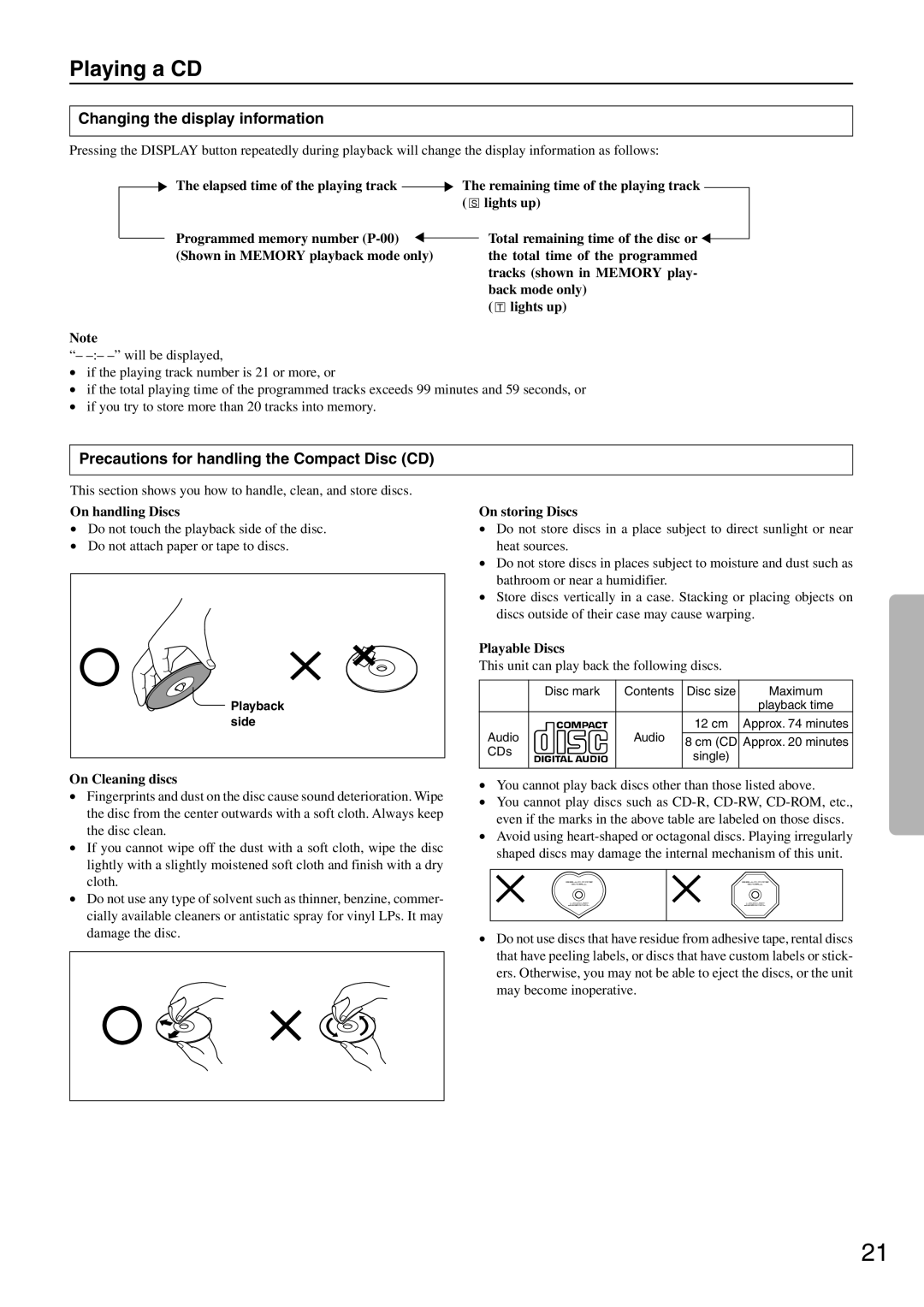 Onkyo CR-305FX instruction manual Changing the display information, Precautions for handling the Compact Disc CD 