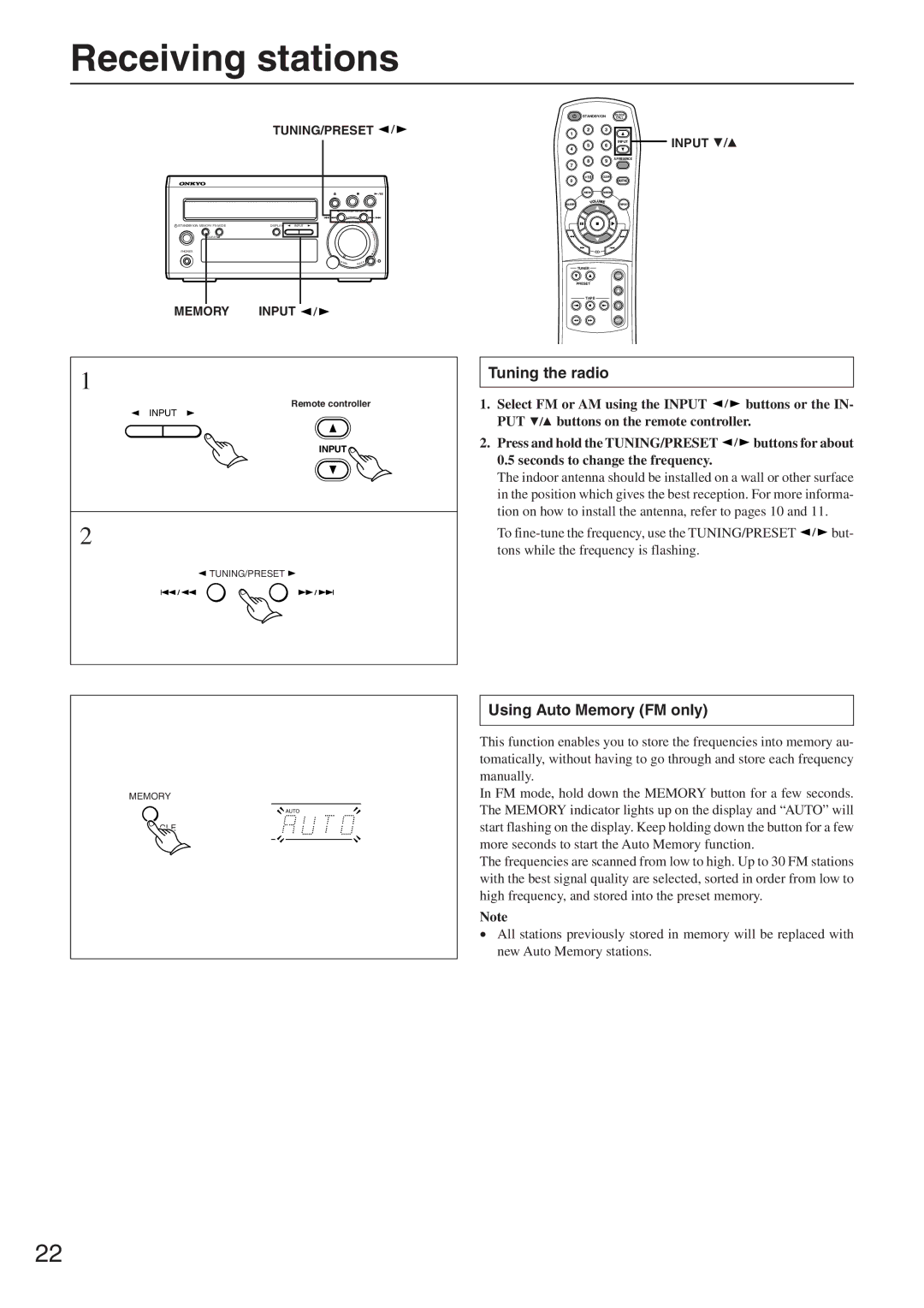 Onkyo CR-305FX instruction manual Receiving stations, Tuning the radio, Using Auto Memory FM only 