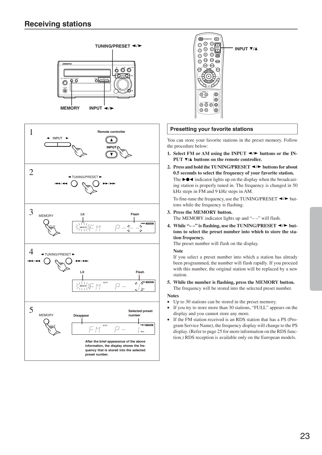 Onkyo CR-305FX instruction manual Receiving stations, Presetting your favorite stations, Press the Memory button 