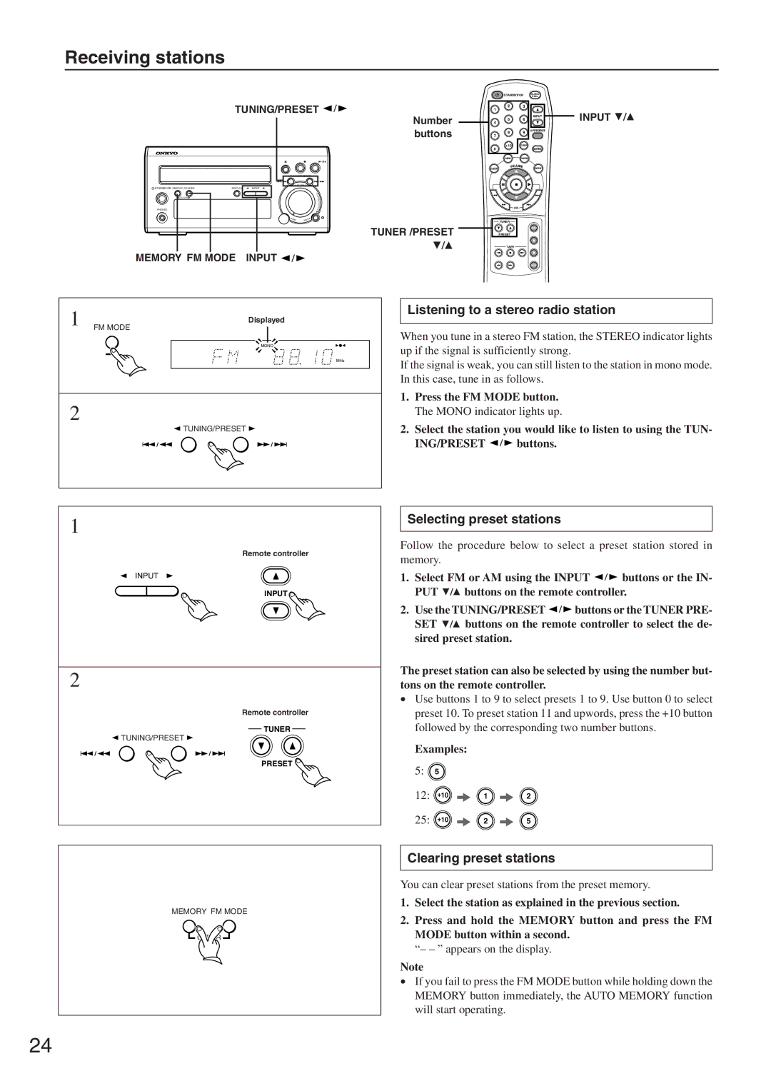 Onkyo CR-305FX instruction manual Listening to a stereo radio station, Clearing preset stations, Examples 5 