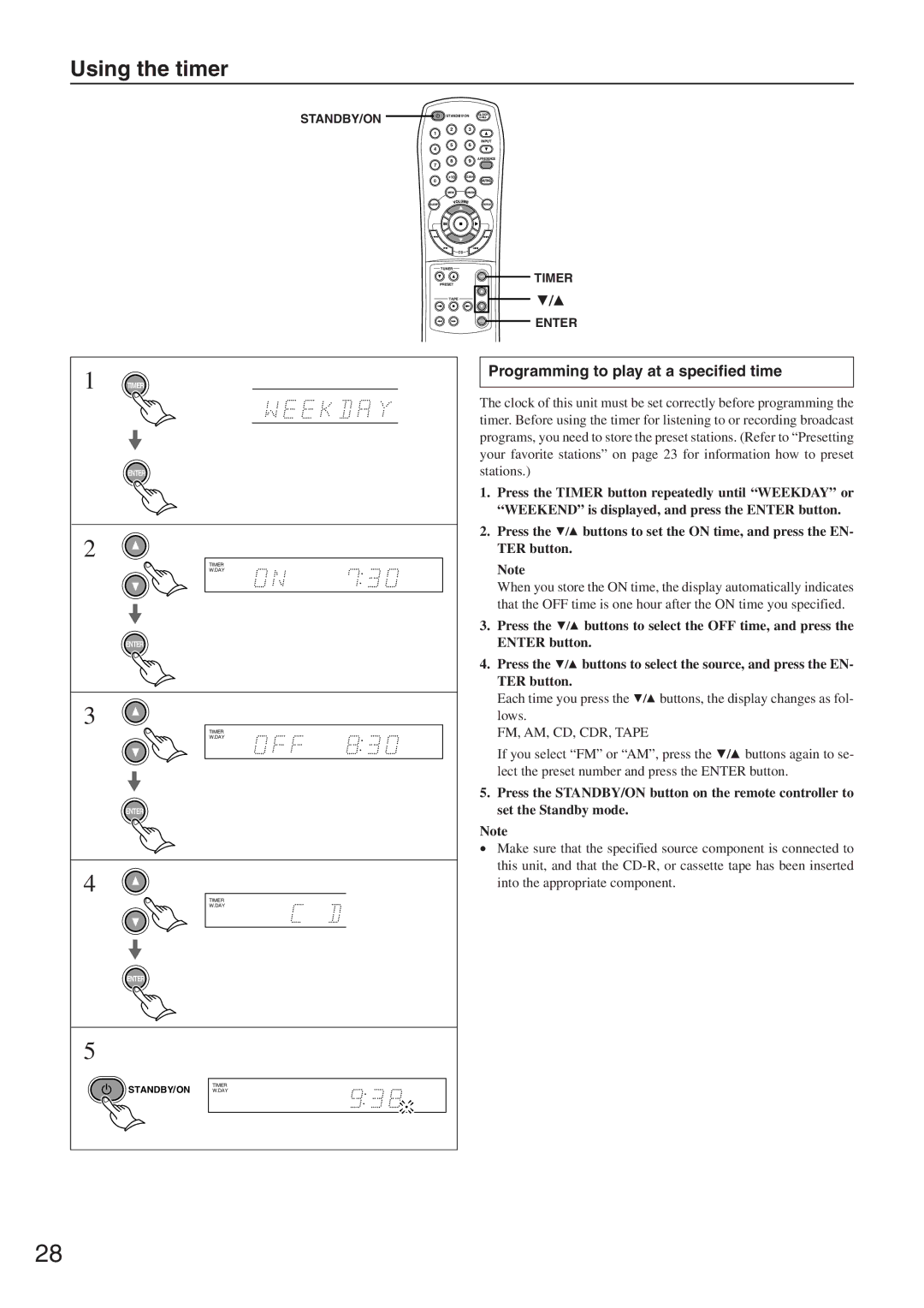 Onkyo CR-305FX instruction manual Programming to play at a specified time, FM, AM, CD, CDR, Tape 