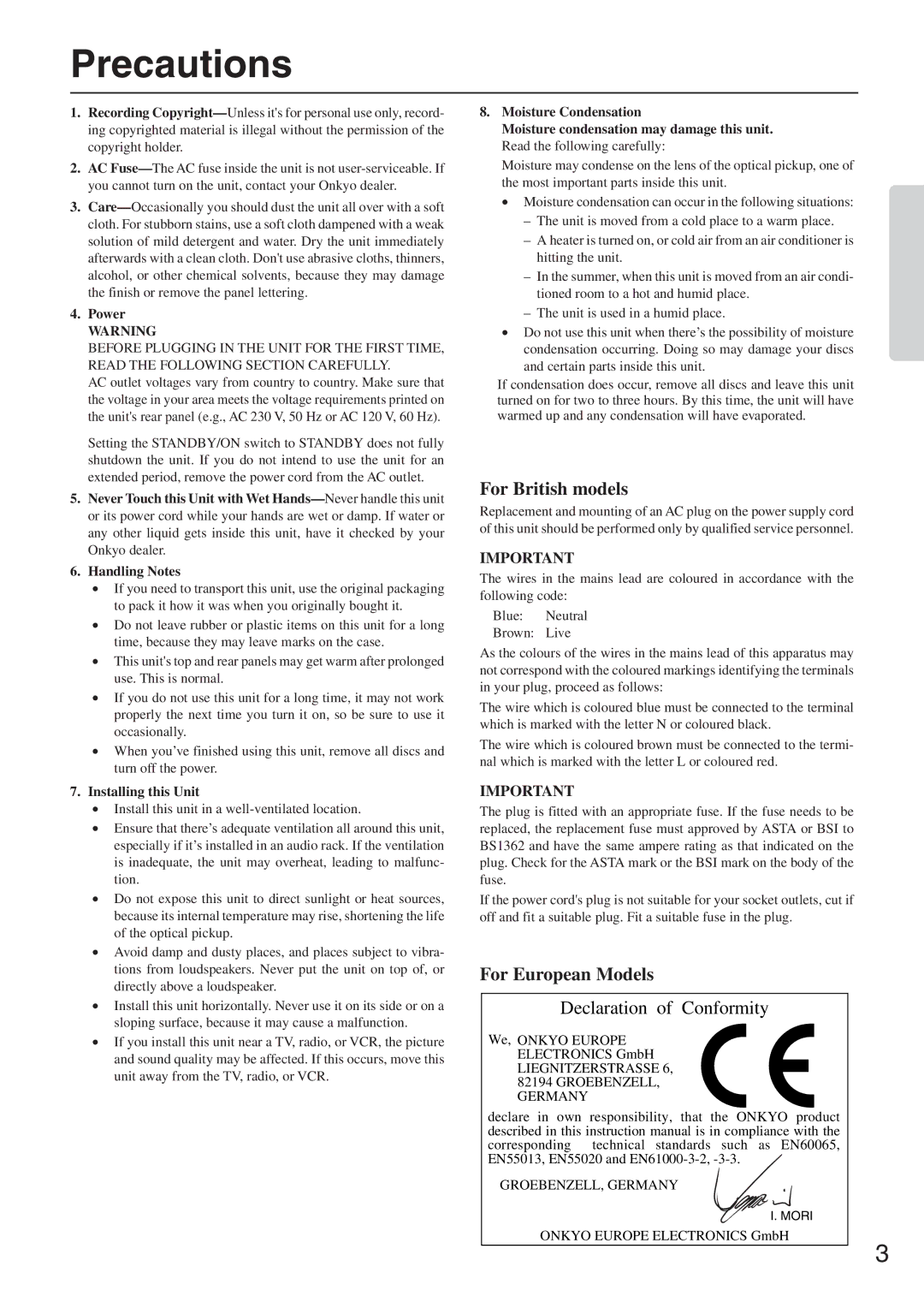 Onkyo CR-305FX instruction manual Power, Installing this Unit 