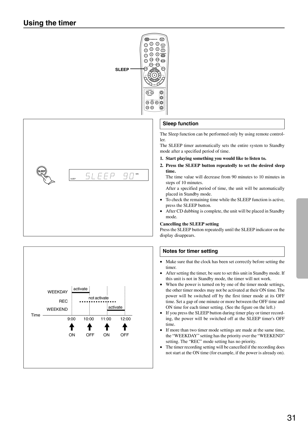 Onkyo CR-305FX instruction manual Sleep function, Cancelling the Sleep setting 