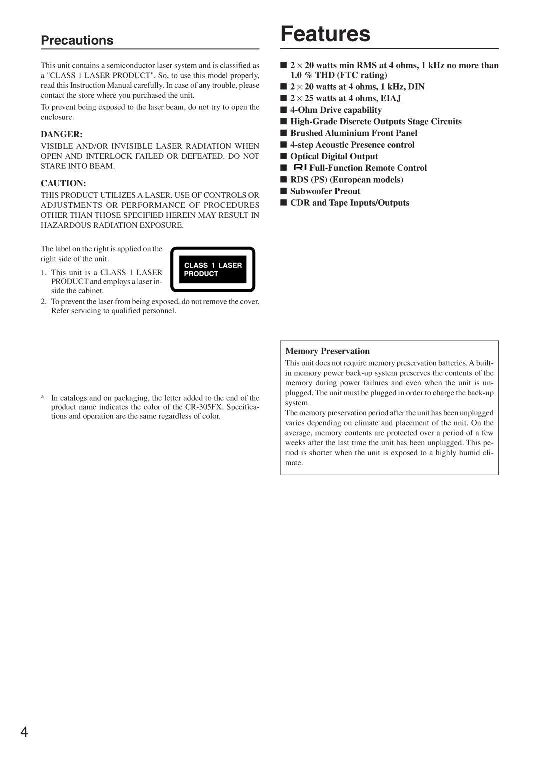 Onkyo CR-305FX instruction manual Features, Precautions 