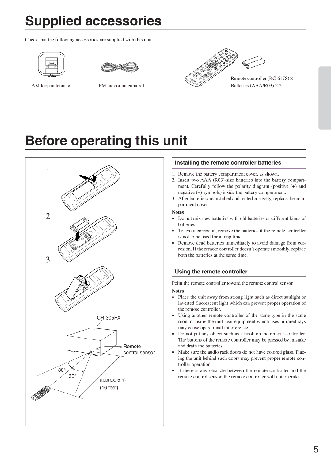 Onkyo CR-305FX Supplied accessories, Before operating this unit, Installing the remote controller batteries 