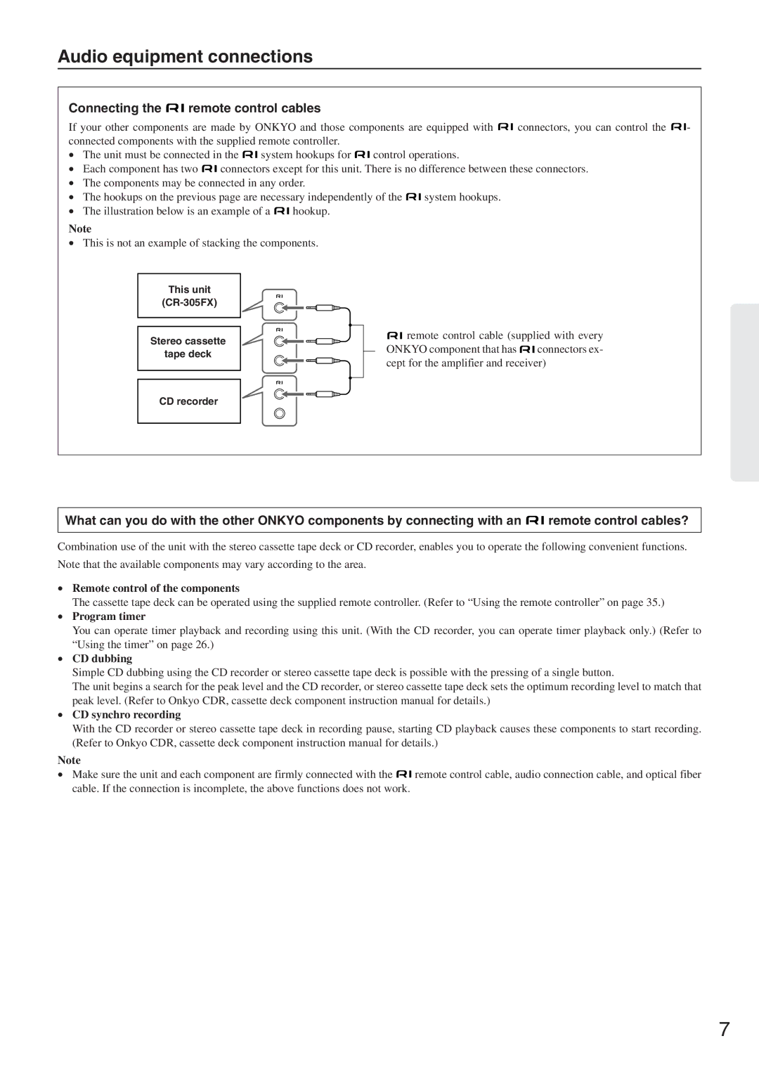 Onkyo CR-305FX instruction manual Audio equipment connections, Connecting the remote control cables 