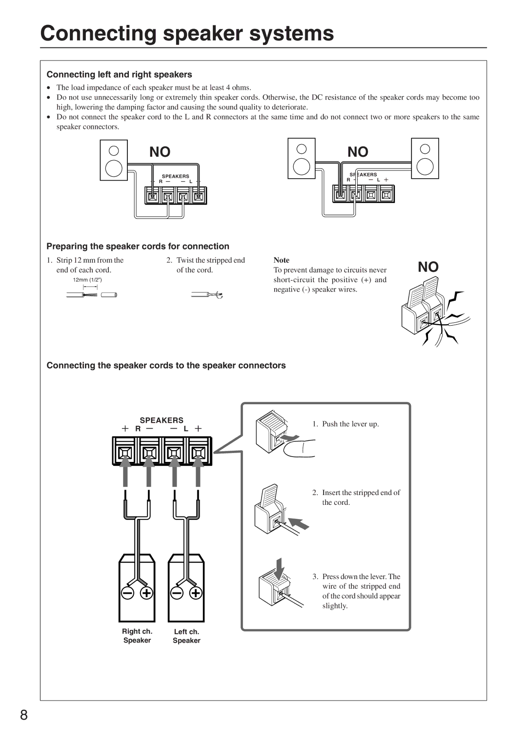 Onkyo CR-305FX Connecting speaker systems, Connecting left and right speakers, Preparing the speaker cords for connection 