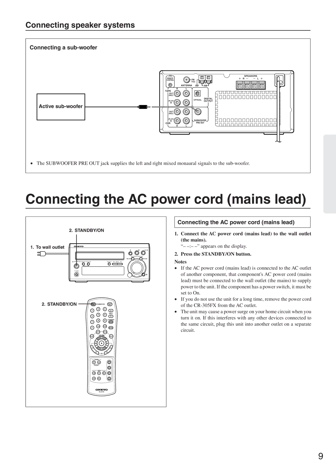 Onkyo CR-305FX Connecting the AC power cord mains lead, Connecting speaker systems, Connecting a sub-woofer 