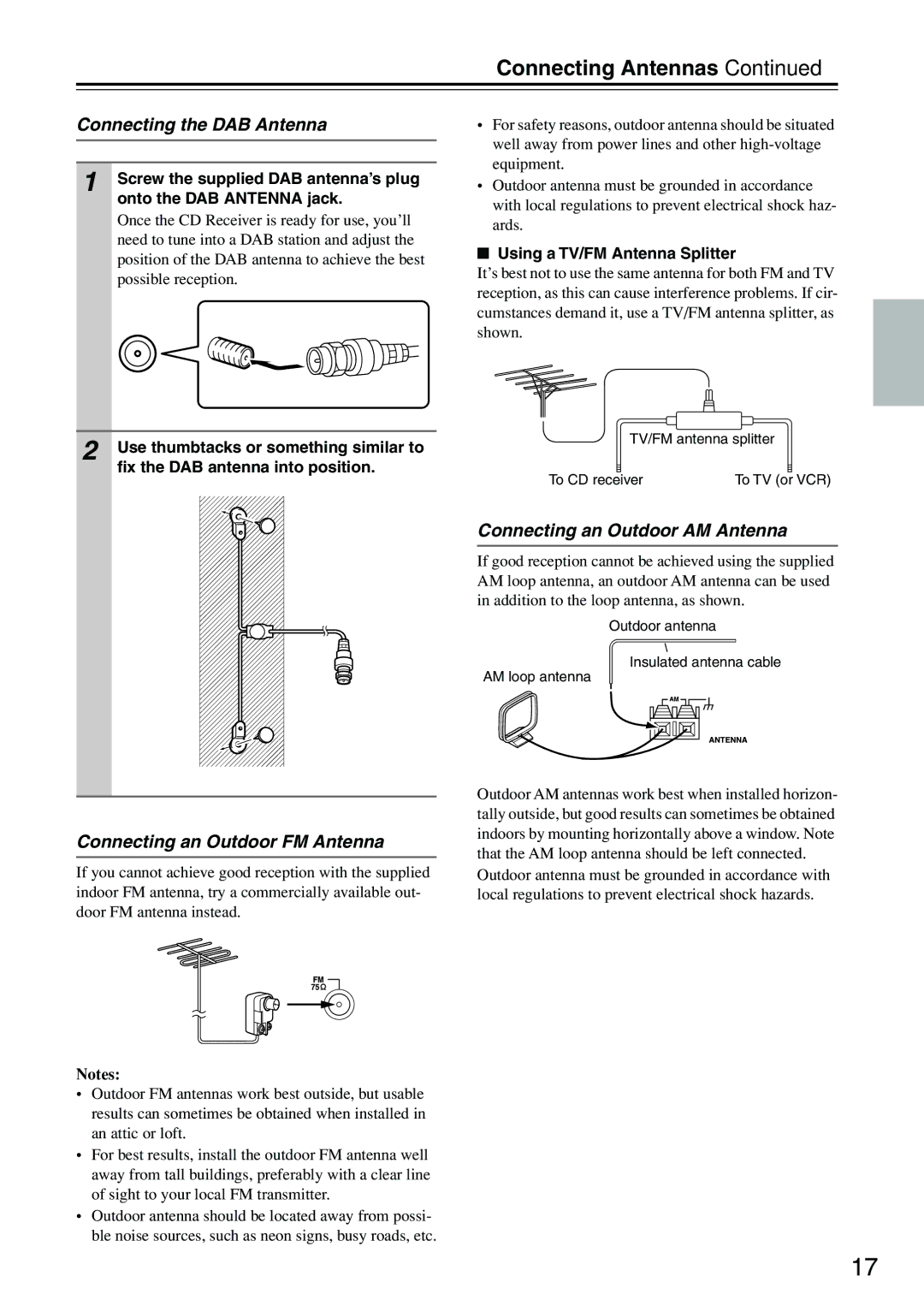 Onkyo CR-515DAB, CR-315DAB Connecting Antennas, Connecting the DAB Antenna, Connecting an Outdoor FM Antenna 