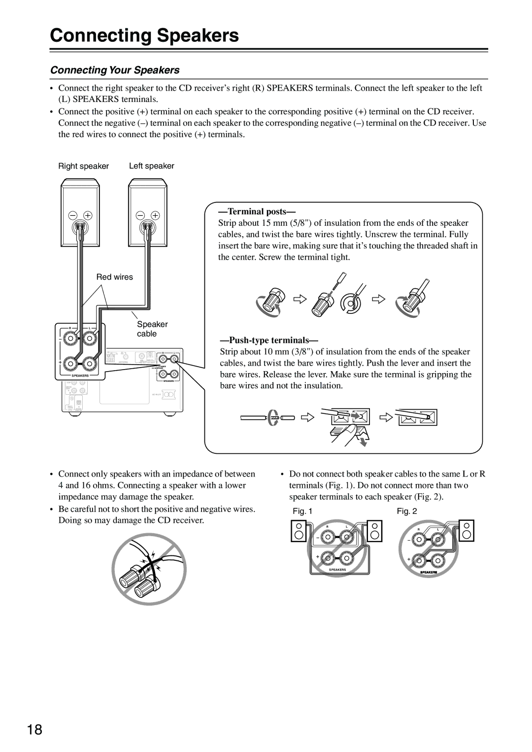 Onkyo CR-315DAB, CR-515DAB Connecting Speakers, Connecting Your Speakers, Terminal posts, Push-type terminals 