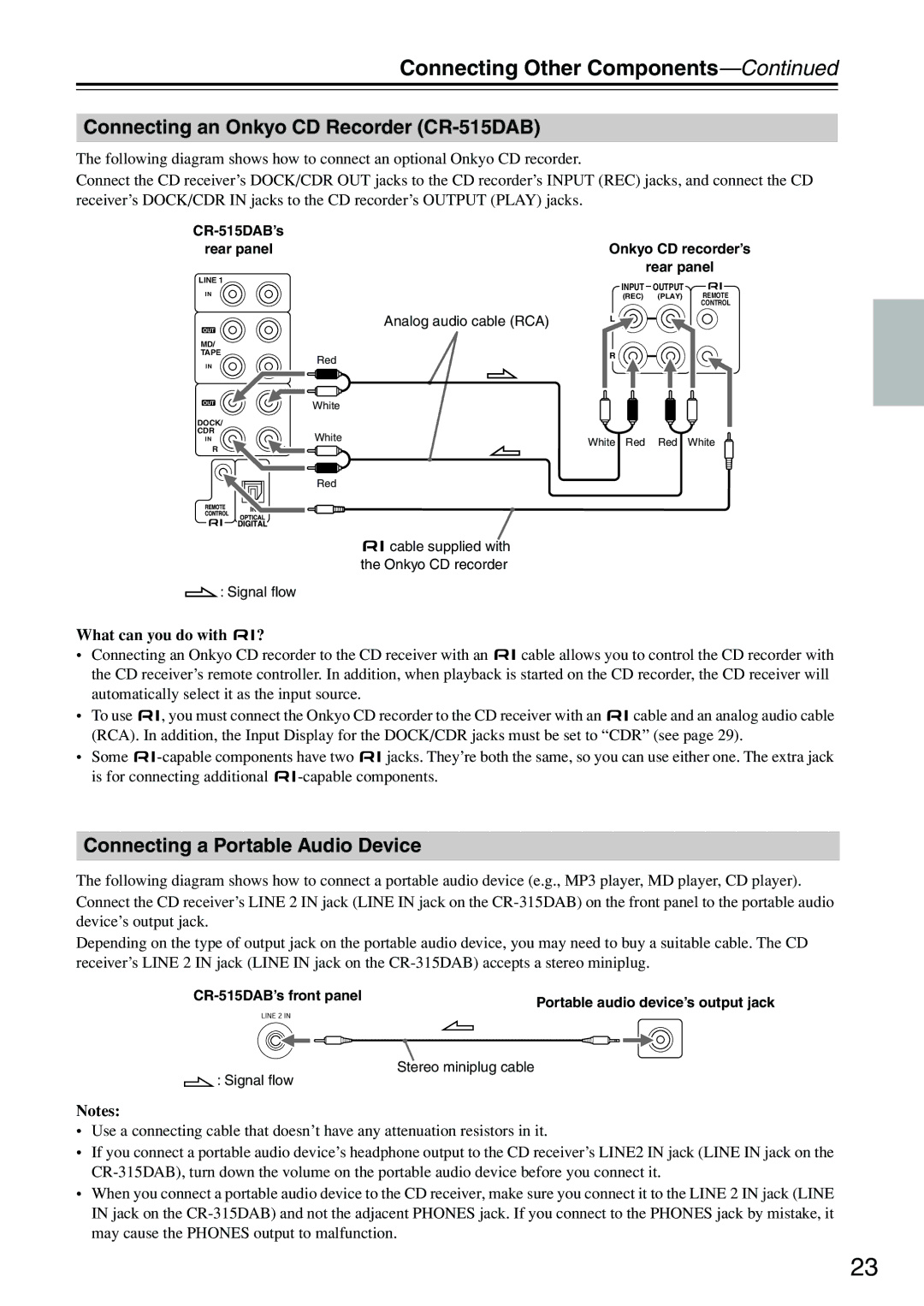 Onkyo CR-315DAB instruction manual Connecting an Onkyo CD Recorder CR-515DAB, Connecting a Portable Audio Device 