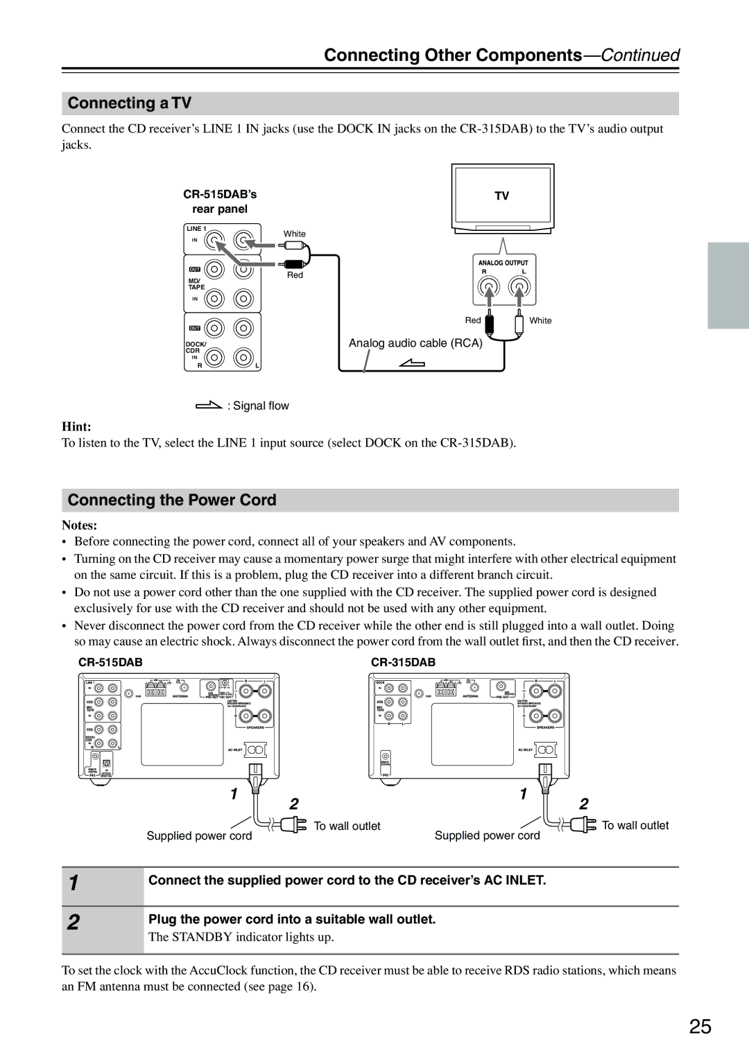 Onkyo CR-515DAB, CR-315DAB instruction manual Connecting a TV, Connecting the Power Cord, Hint 