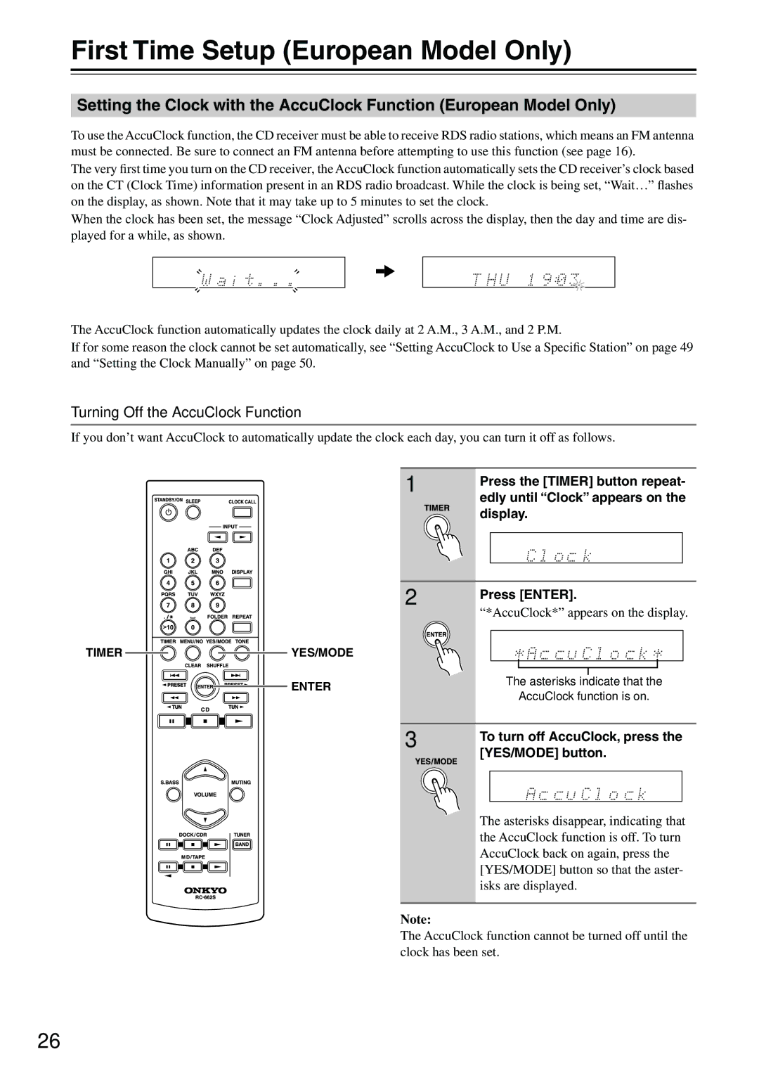 Onkyo CR-315DAB, CR-515DAB instruction manual First Time Setup European Model Only, Turning Off the AccuClock Function 