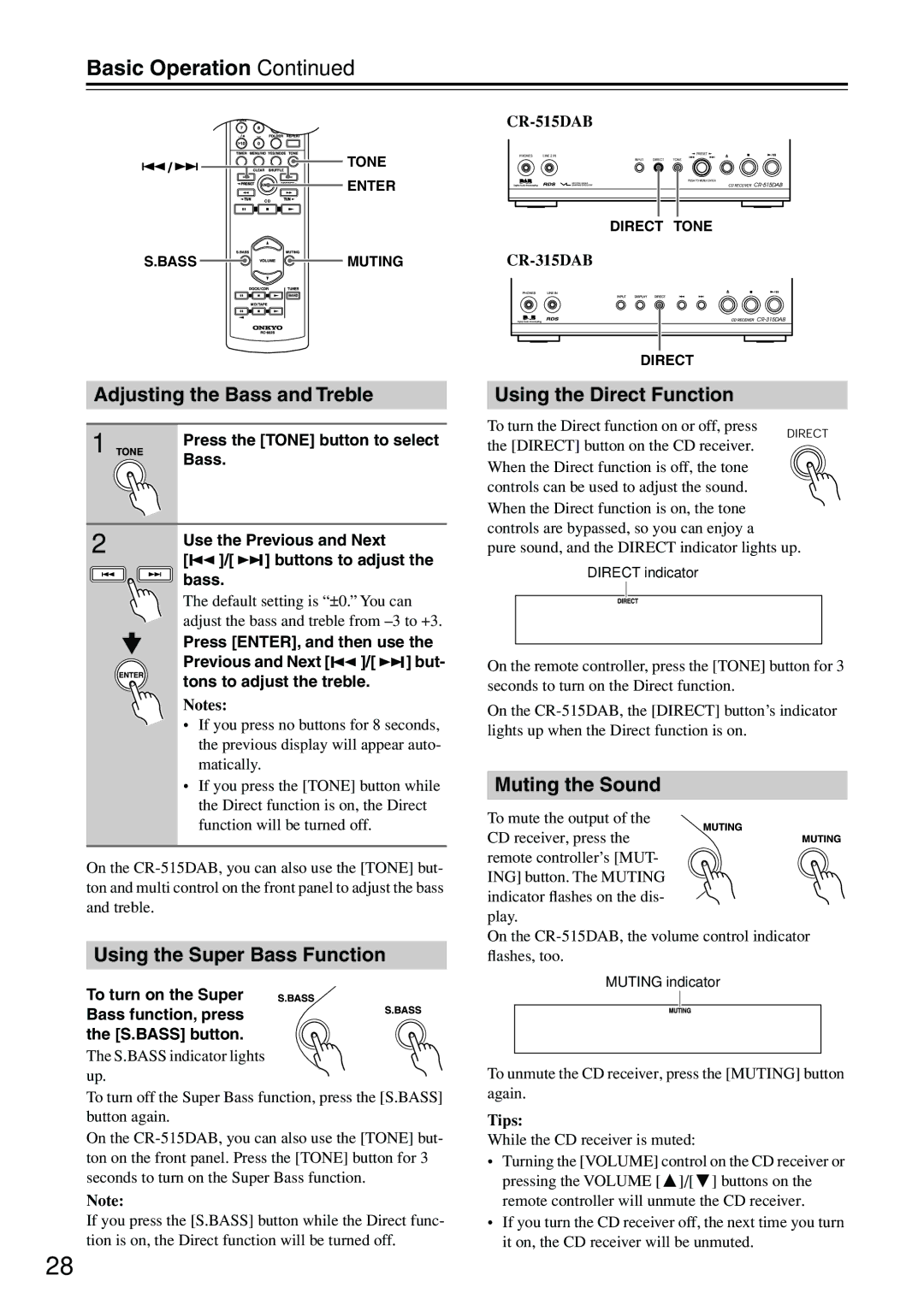 Onkyo CR-315DAB Basic Operation, Adjusting the Bass and Treble, Using the Super Bass Function, Using the Direct Function 