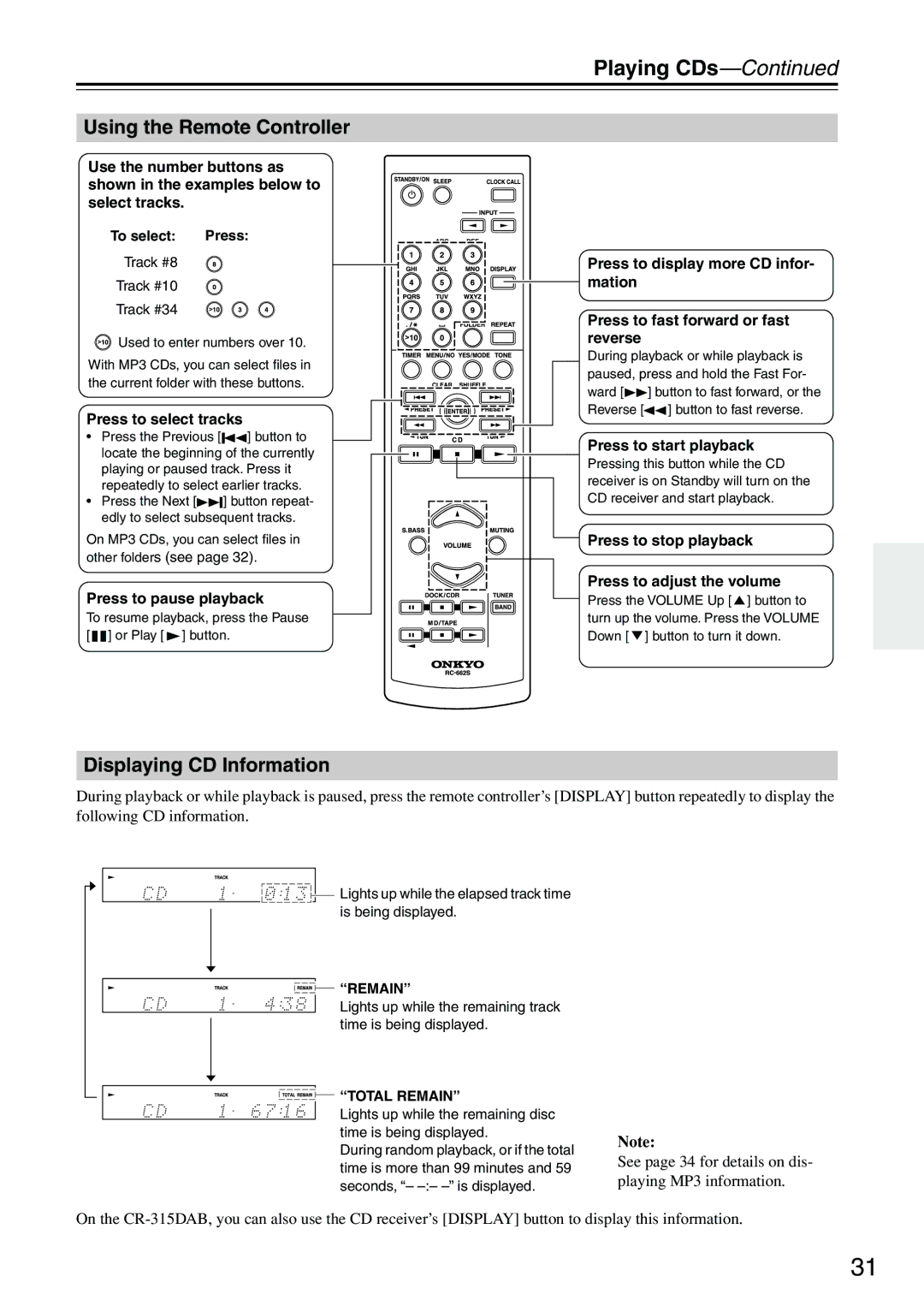 Onkyo CR-515DAB, CR-315DAB instruction manual Playing CDs, Displaying CD Information 